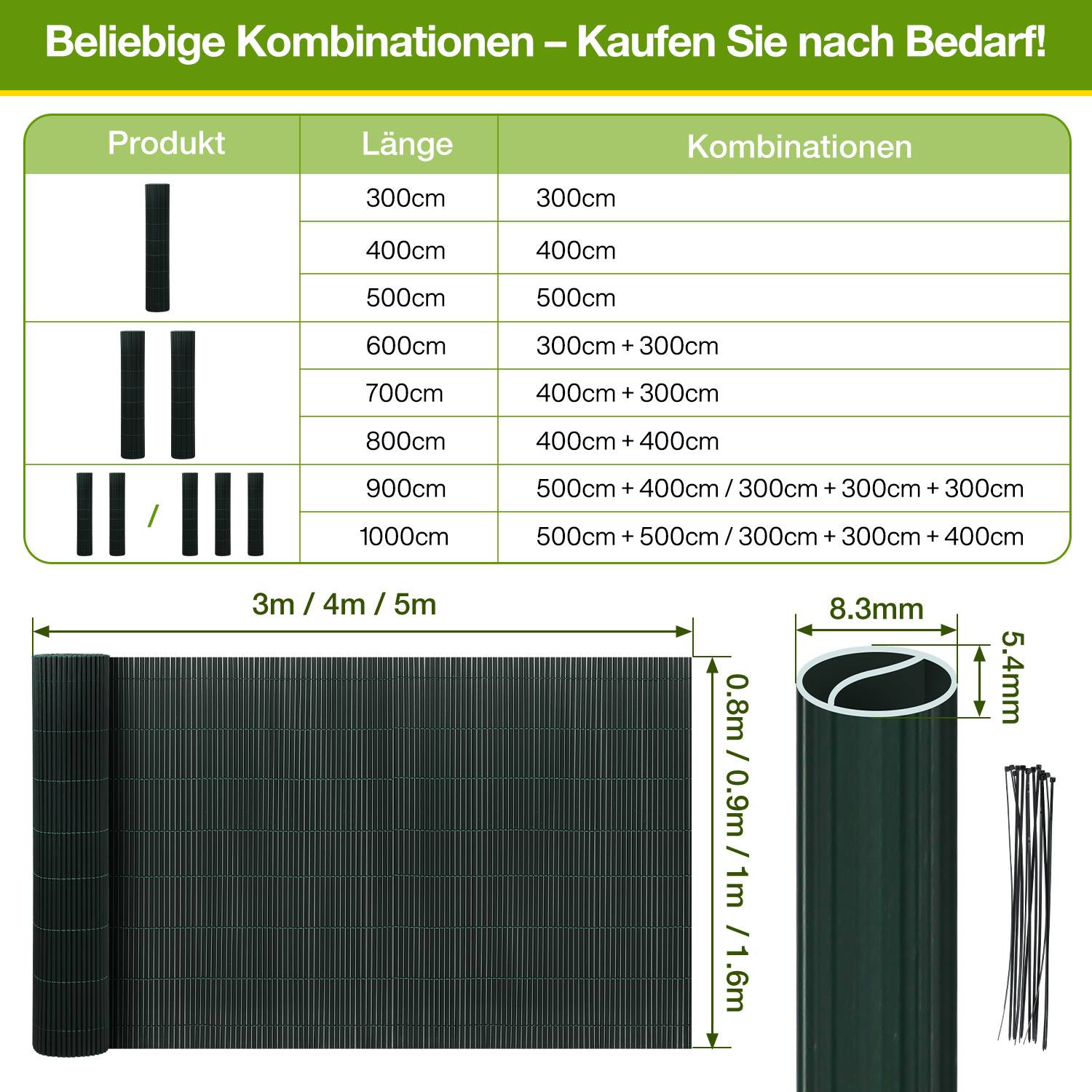 80x500cm PVC Sichtschutzmatte Bambus Sichtschutz Garten Sichtschutzzaun Balkon Zaun Windschutz Balkonverkleidung Grün