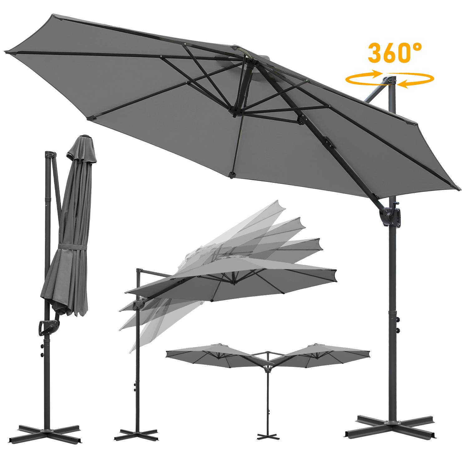Sonnenschirm Ampelschirm 300 cm Grau, 360° drehbar & 0–60° neigbar, UV50+ wasserabweisend, Kurbel & Kreuzfuß, Gartenschirm