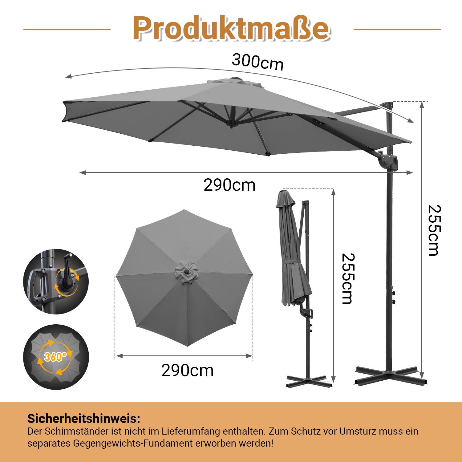 Sonnenschirm Ampelschirm 300 cm Grau, 360° drehbar & 0–60° neigbar, UV50+ wasserabweisend, Kurbel & Kreuzfuß, Gartenschirm