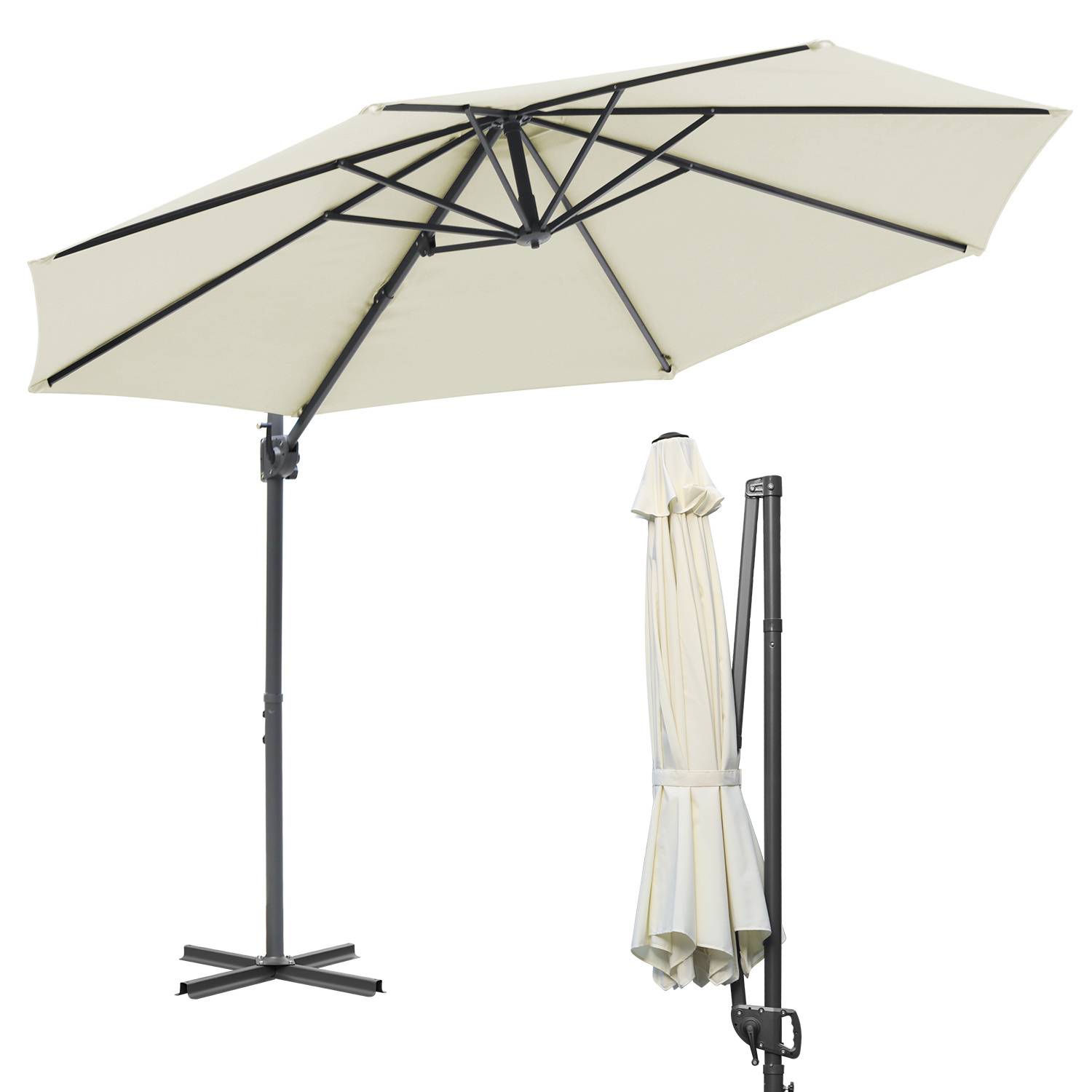 Sonnenschirm Ampelschirm 300 cm Beige, 360° drehbar & 0–60° neigbar, UV50+ wasserabweisend, Kurbel & Kreuzfuß, Gartenschirm