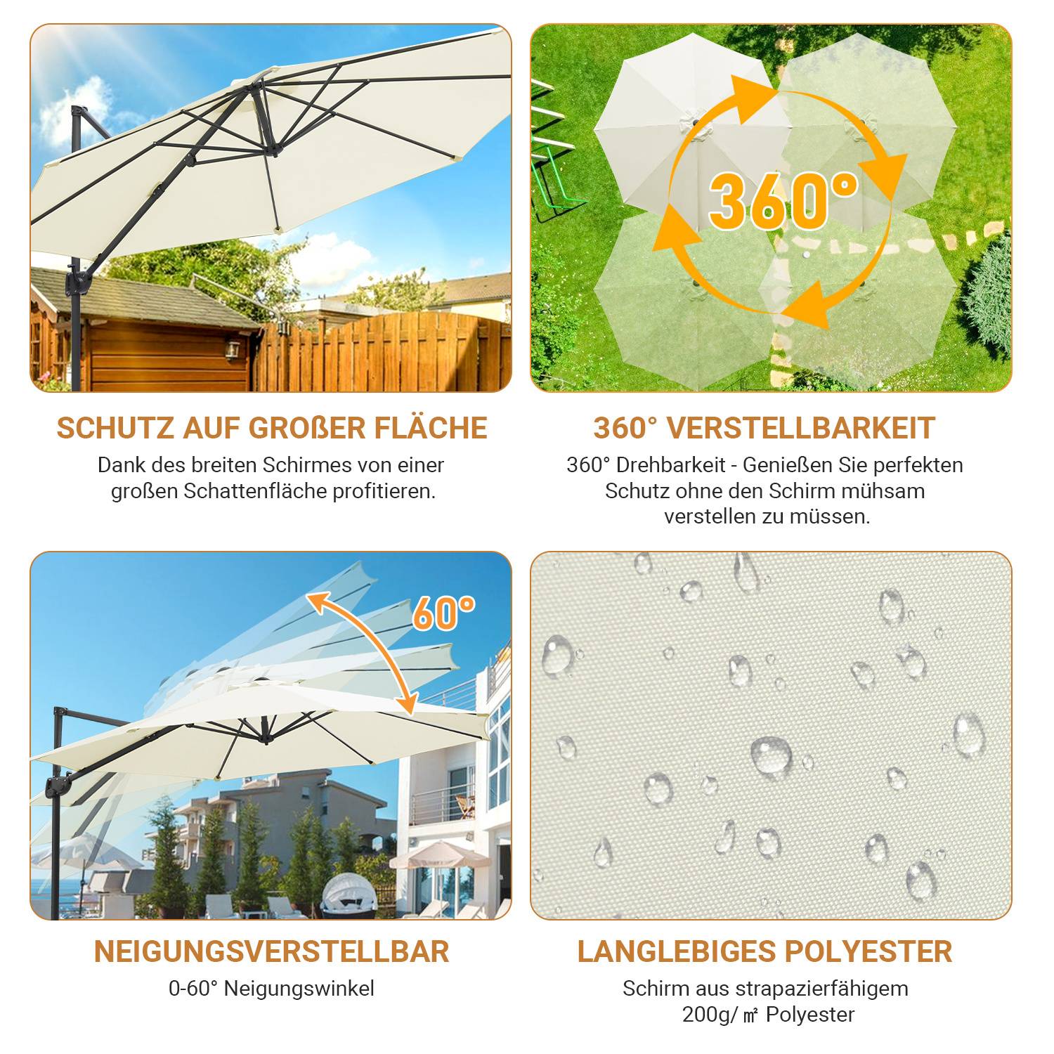 Sonnenschirm Ampelschirm 300 cm Beige, 360° drehbar & 0–60° neigbar, UV50+ wasserabweisend, Kurbel & Kreuzfuß, Gartenschirm