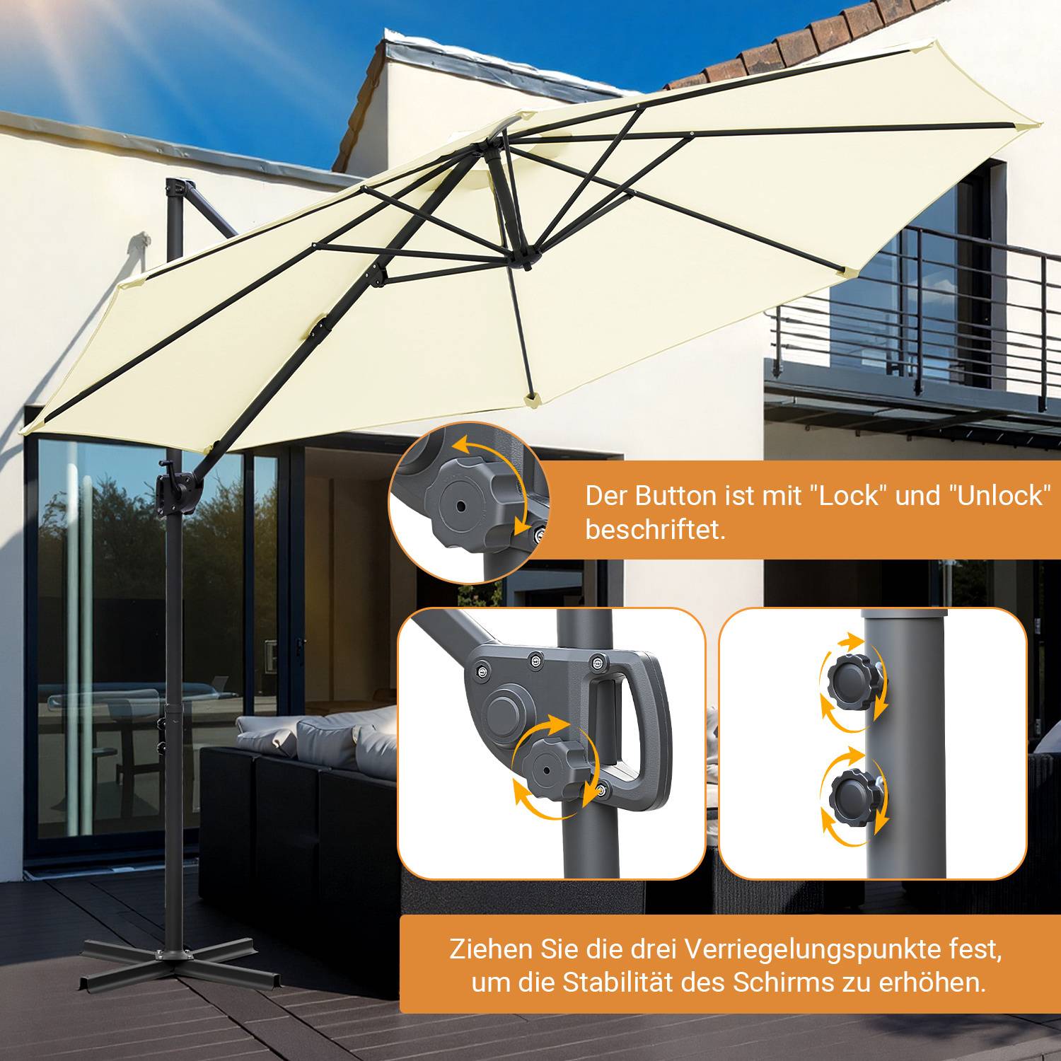 Sonnenschirm Ampelschirm 300 cm Beige, 360° drehbar & 0–60° neigbar, UV50+ wasserabweisend, Kurbel & Kreuzfuß, Gartenschirm