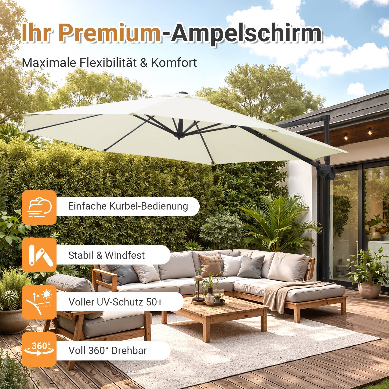 Sonnenschirm Ampelschirm 300 cm Beige, 360° drehbar & 0–60° neigbar, UV50+ wasserabweisend, Kurbel & Kreuzfuß, Gartenschirm