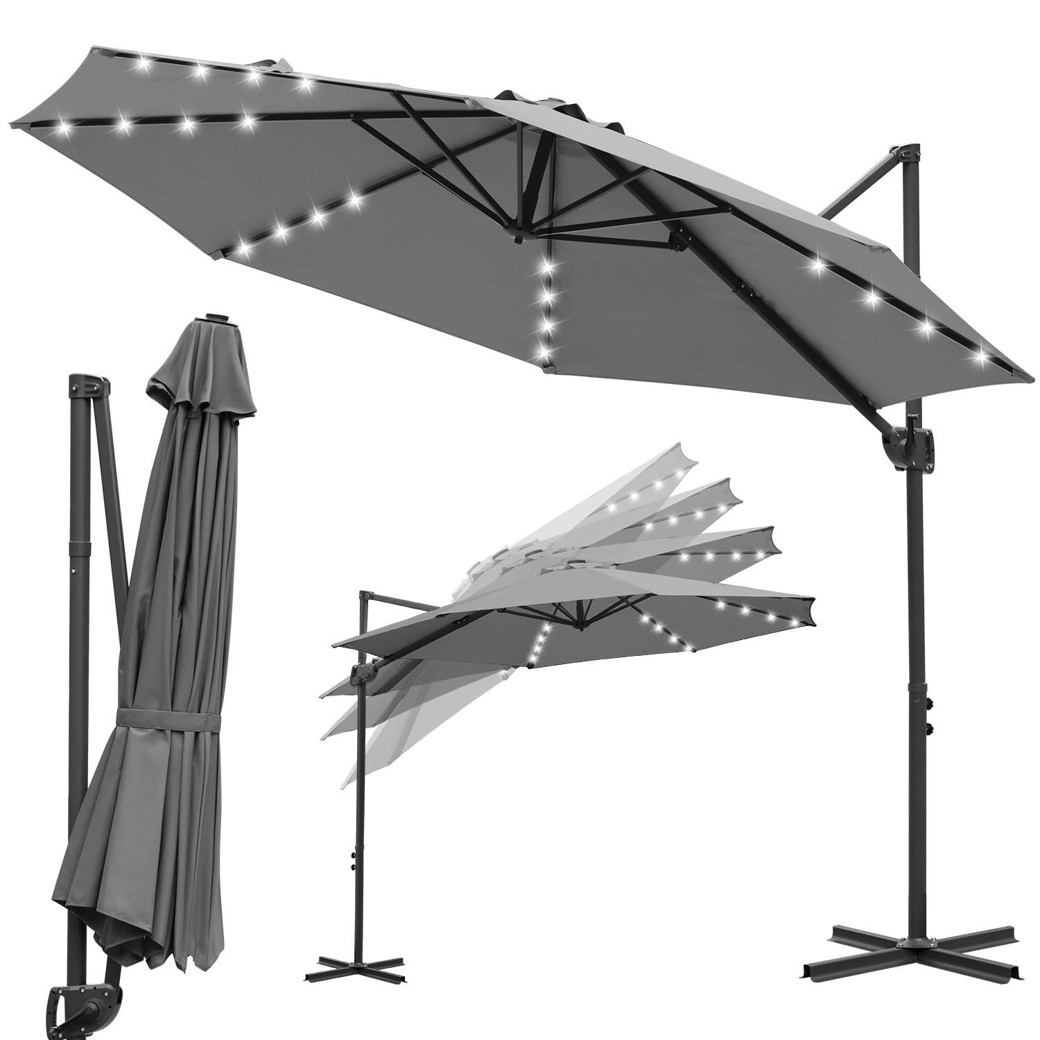 Gartenschirm 3m Grau, Ampelschirm mit 28 LED, Kurbelschirm wasserabweisend, 360° drehbar & 0–60° neigbar, UV50+ wasserabweisend