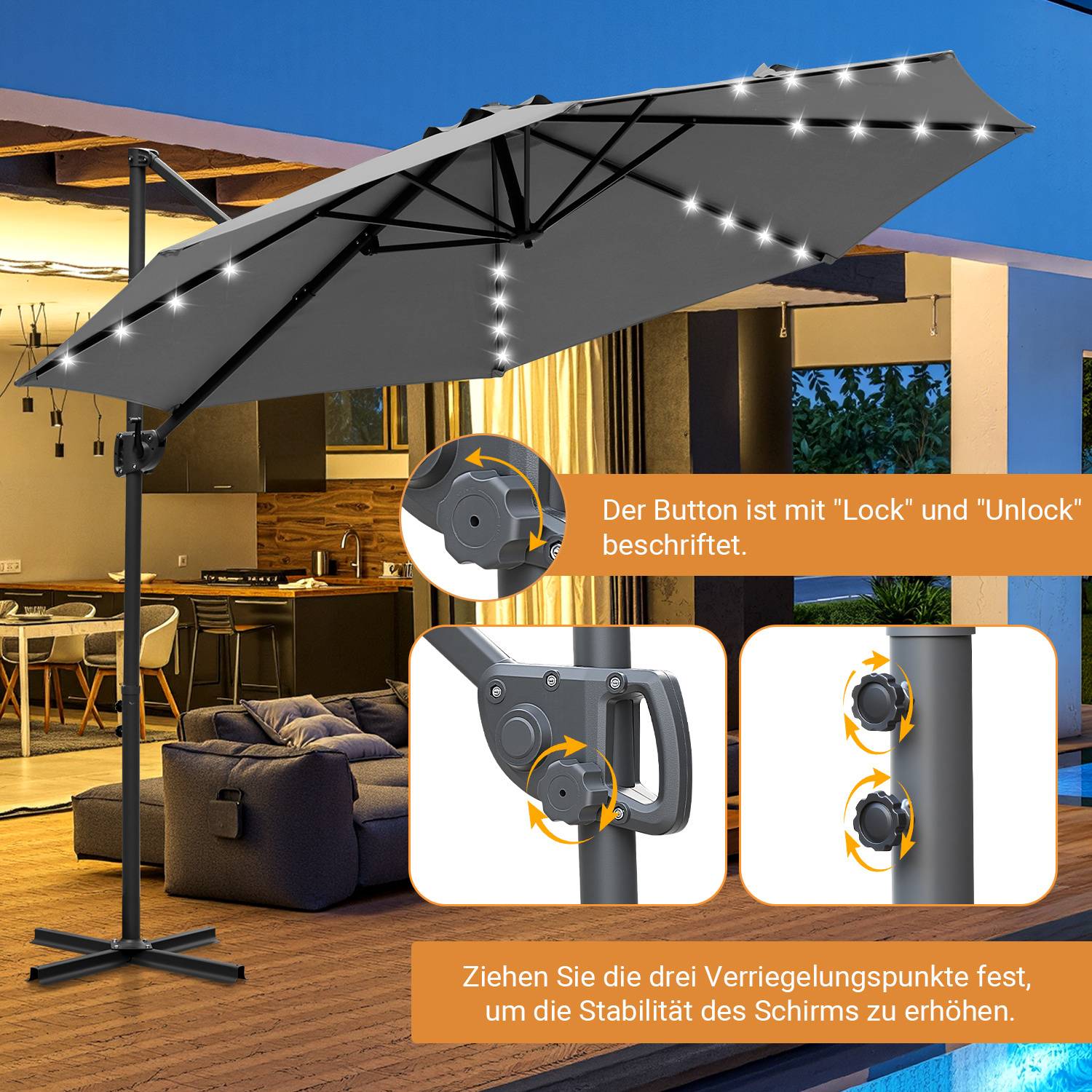 Gartenschirm 3m Grau, Ampelschirm mit 28 LED, Kurbelschirm wasserabweisend, 360° drehbar & 0–60° neigbar, UV50+ wasserabweisend