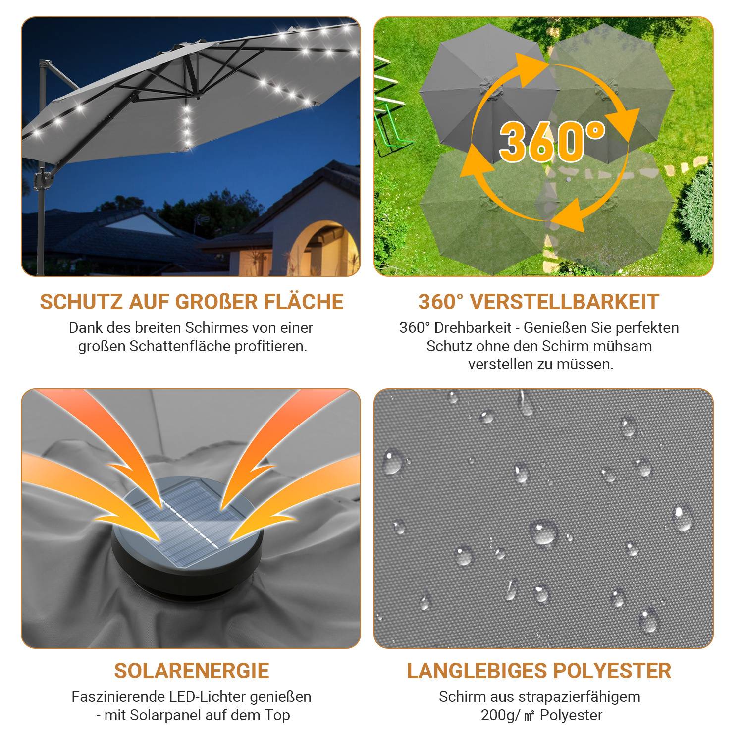 Gartenschirm 3m Grau, Ampelschirm mit 28 LED, Kurbelschirm wasserabweisend, 360° drehbar & 0–60° neigbar, UV50+ wasserabweisend
