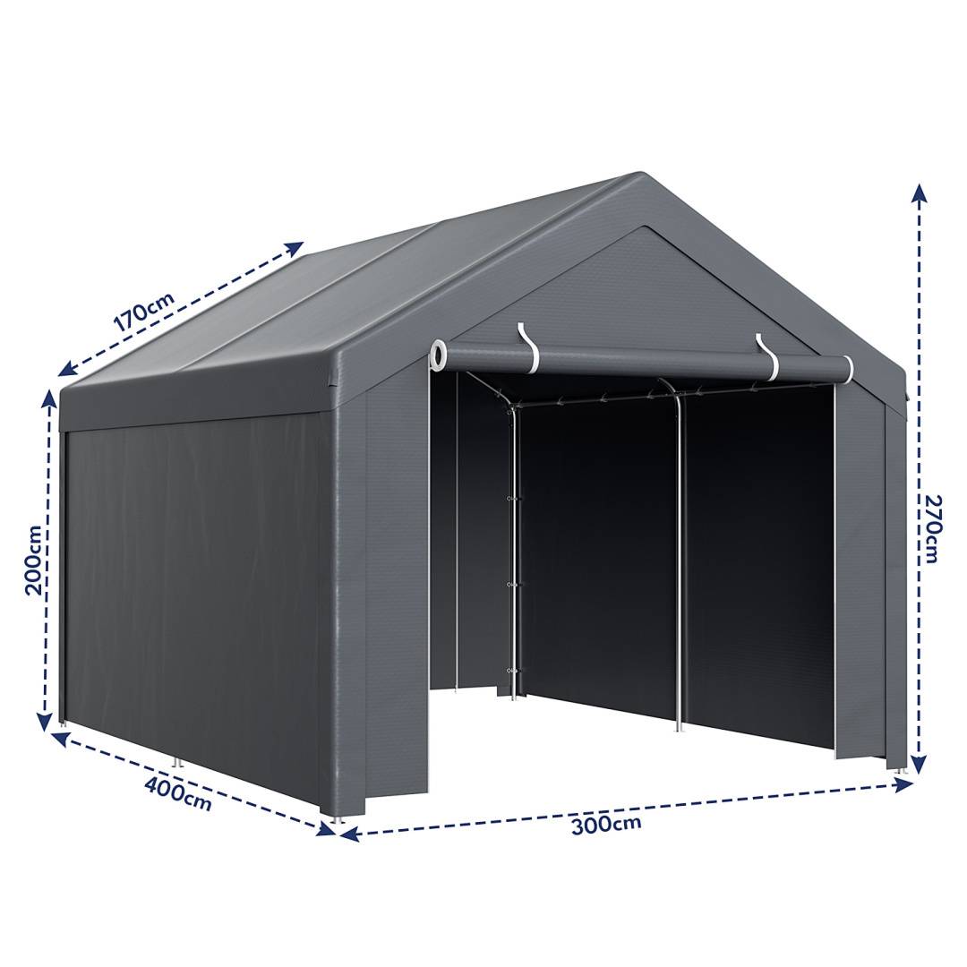 Garagenzelt 3x4 m, Carport mit Seitenwaenden, PE Garagezelt mit verzinktem Stahlgestell, wetterfester Unterstand fuer Auto, Motorrad und