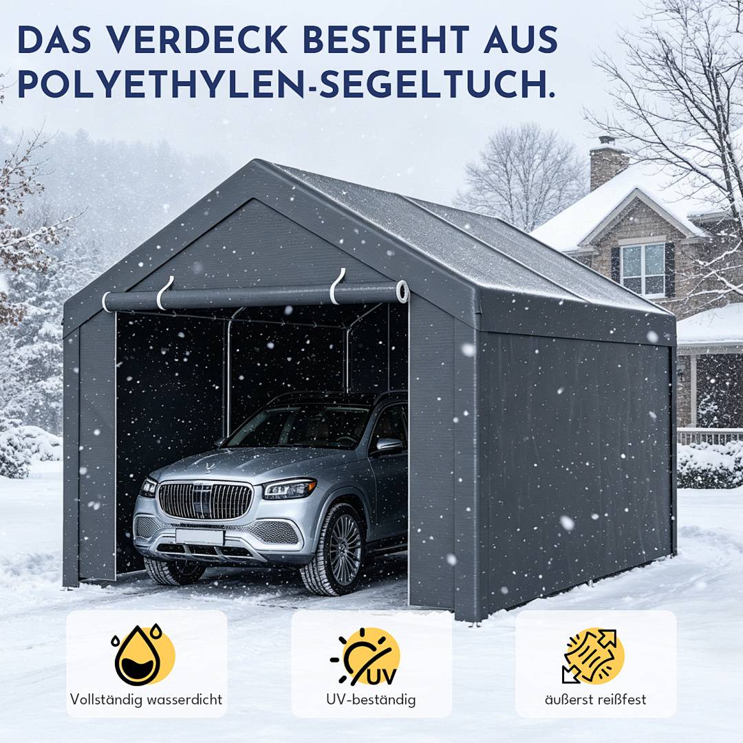 Garagenzelt 3x4 m, Carport mit Seitenwaenden, PE Garagezelt mit verzinktem Stahlgestell, wetterfester Unterstand fuer Auto, Motorrad und