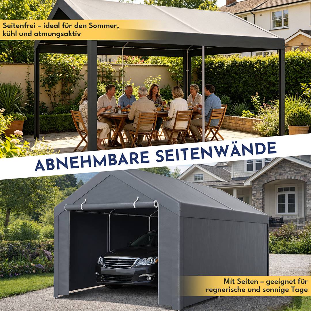 Garagenzelt 3x4 m, Carport mit Seitenwaenden, PE Garagezelt mit verzinktem Stahlgestell, wetterfester Unterstand fuer Auto, Motorrad und