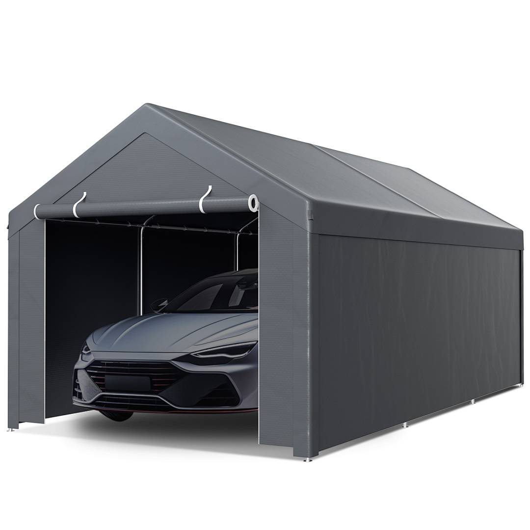 Garagenzelt 3x6 m, Carport mit Seitenwaenden, PE Lagerzelt mit verzinktem Stahlgestell, wetterfester Unterstand fuer Pkw, Maschinen und