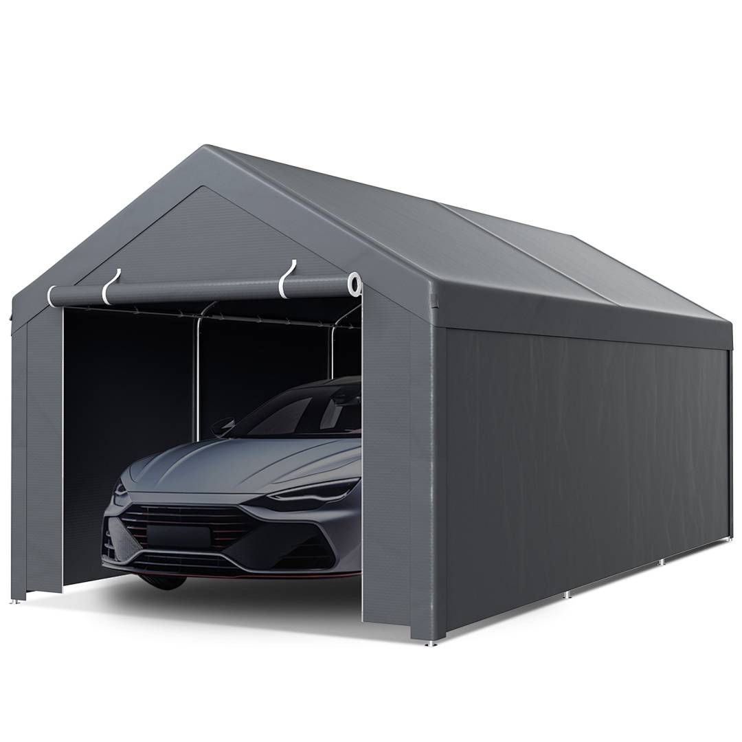 Graues tragbares Garagenzelt mit einem geparkten Auto im Inneren, an der Vorderseite offen, auf weißem Hintergrund dargestellt.