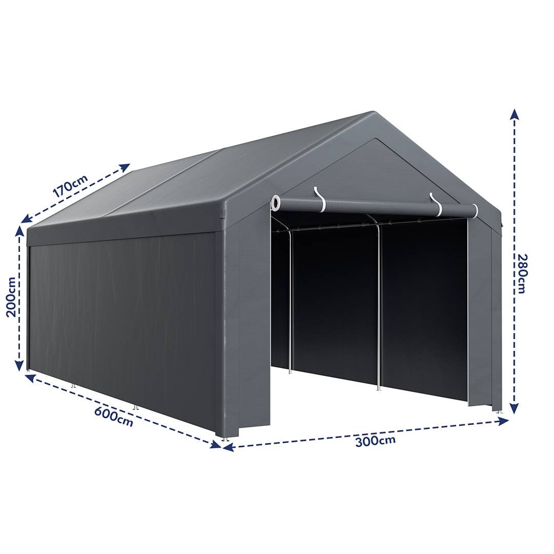 Garagenzelt 3x6 m, Carport mit Seitenwaenden, PE Lagerzelt mit verzinktem Stahlgestell, wetterfester Unterstand fuer Pkw, Maschinen und