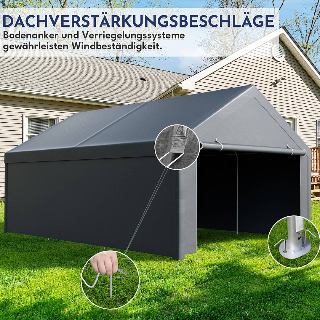 Garagenzelt 4x6 m, grosses Carport mit Seitenwaenden, PE Schutzgarage mit verzinktem Stahlgestell, wetterfester Unterstand fuer SUV, Fahrzeuge und