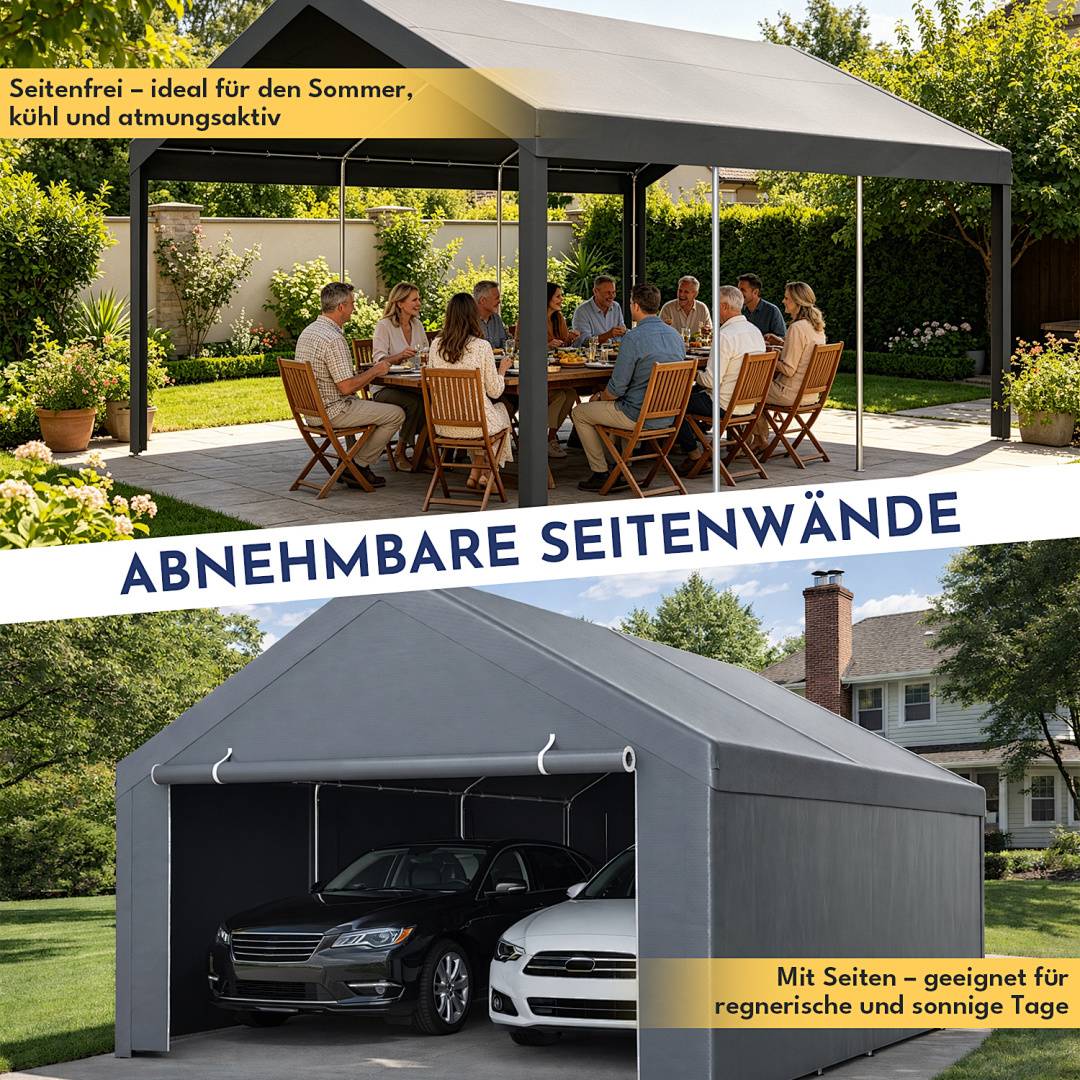 Garagenzelt 4x6 m, grosses Carport mit Seitenwaenden, PE Schutzgarage mit verzinktem Stahlgestell, wetterfester Unterstand fuer SUV, Fahrzeuge und