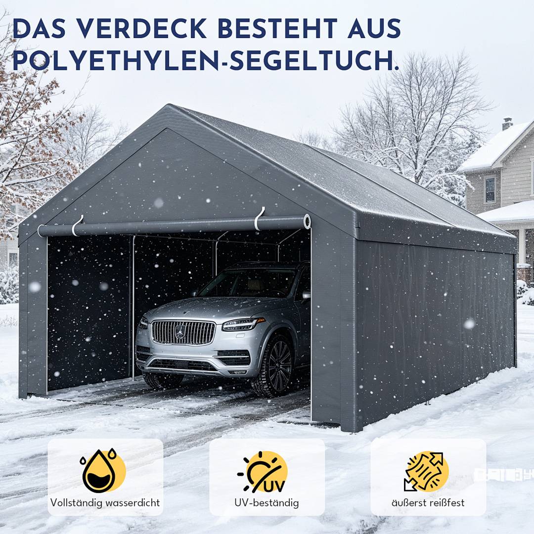 Garagenzelt 4x6 m, grosses Carport mit Seitenwaenden, PE Schutzgarage mit verzinktem Stahlgestell, wetterfester Unterstand fuer SUV, Fahrzeuge und