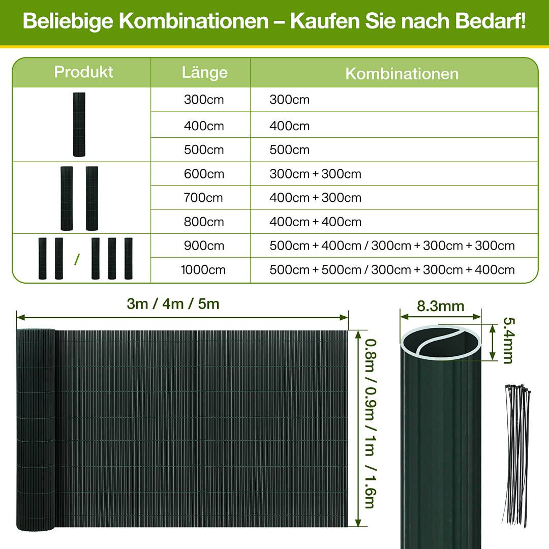 PVC Sichtschutzmatte 160x700 cm, Grün, UV-beständig, Wasserdicht