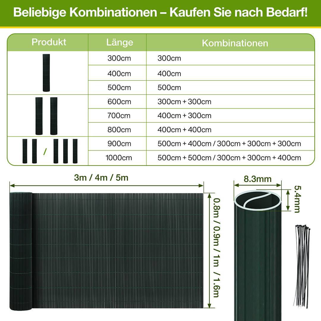 PVC Sichtschutzmatte 80x900 cm, Grün, UV-beständig, Wasserdicht
