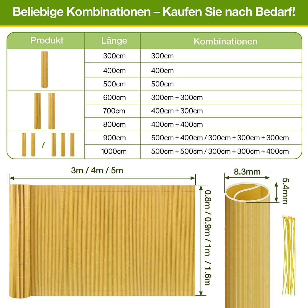 PVC Sichtschutzmatte 100x600 cm, Bambus, UV-beständig, Wasserdicht