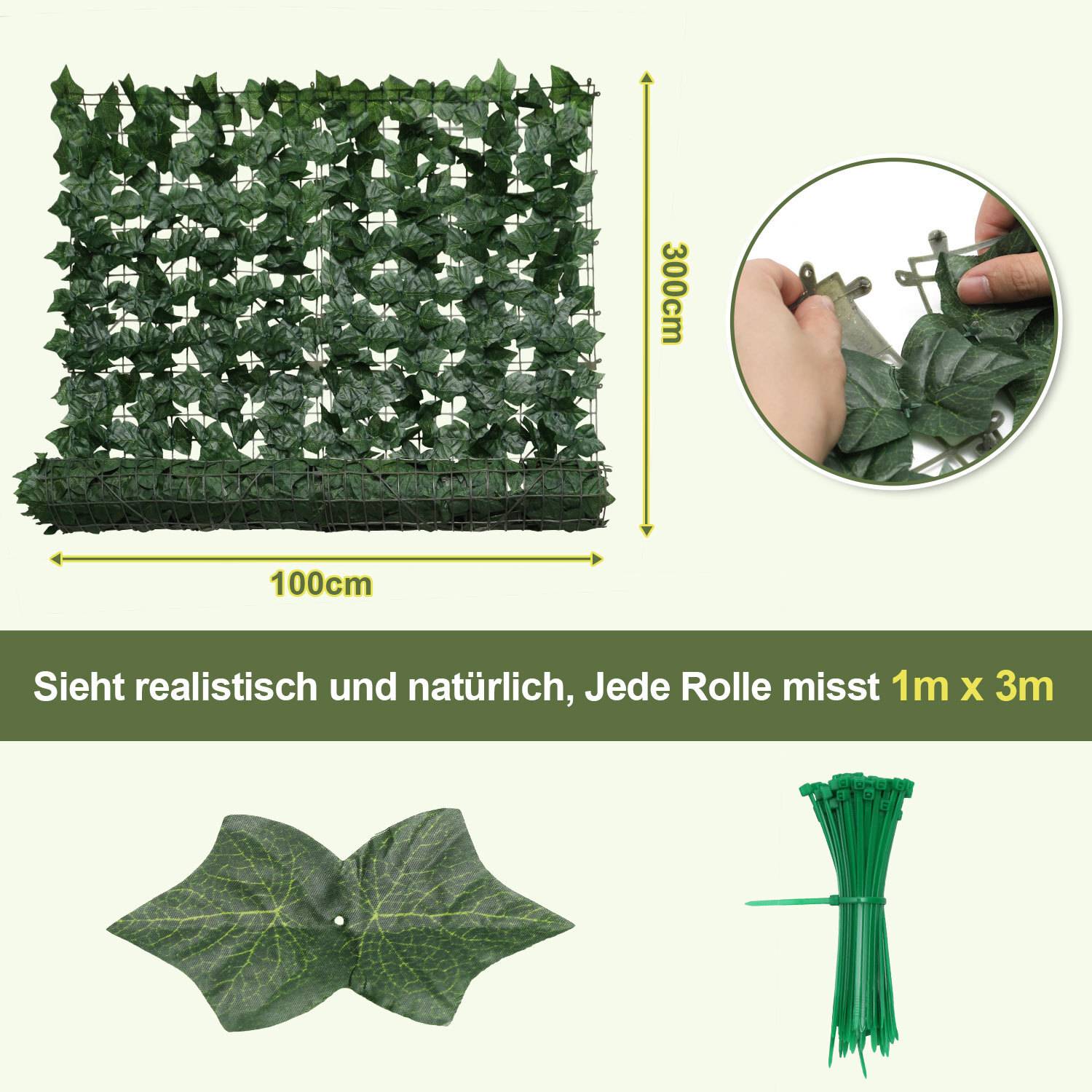 Künstliche Hecke Sichtschutzhecke Terrasse Wanddekoration Wanddekoration Wassermelonenblätter 300 x 100 cm