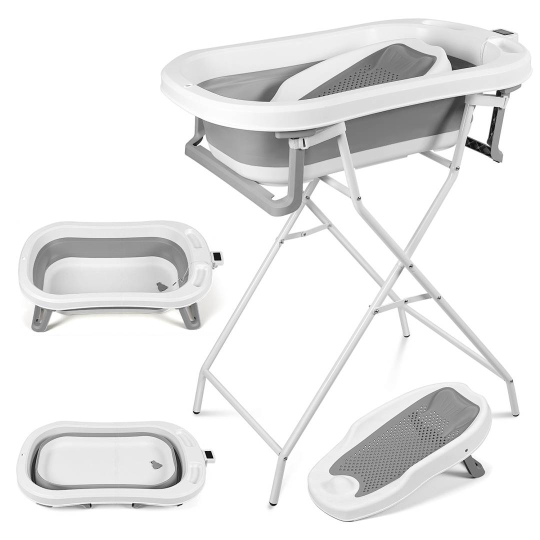 Platzsparende faltbare Babybadewanne mit Gestell und Thermometer, ergonomische Babywanne für 0–3 Jahre