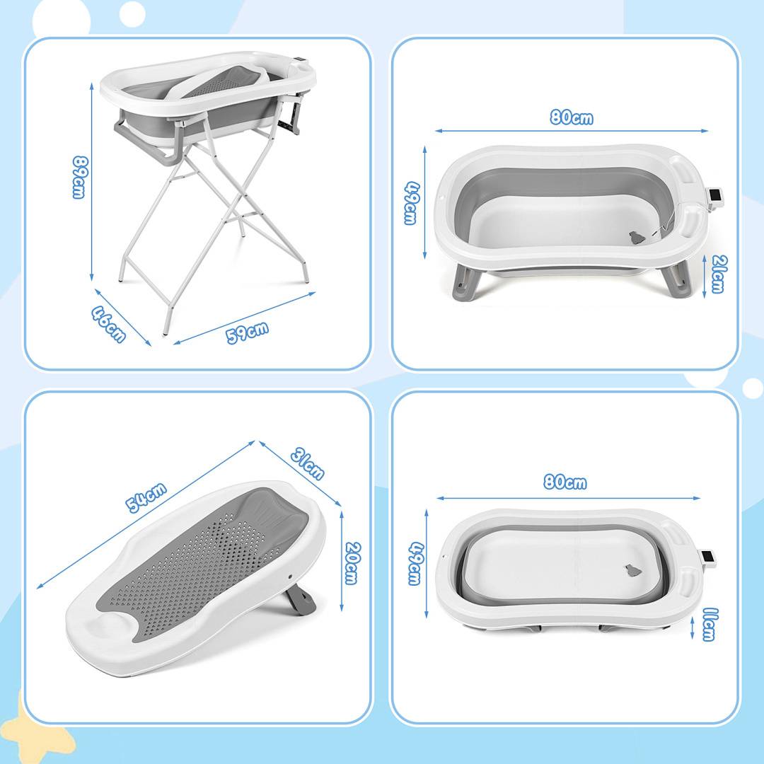 Platzsparende faltbare Babybadewanne mit Gestell und Thermometer, ergonomische Babywanne für 0–3 Jahre