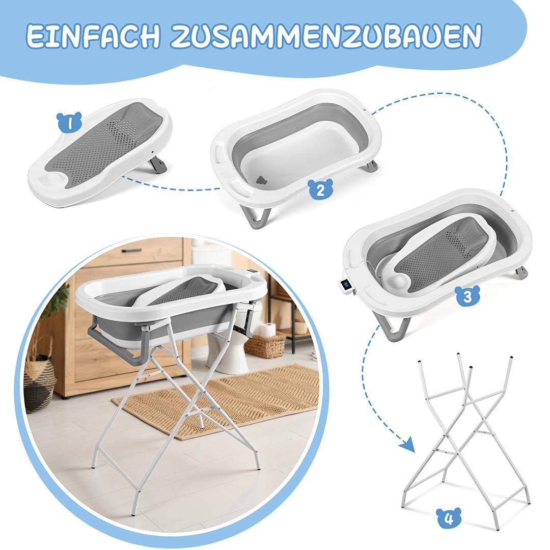 Platzsparende faltbare Babybadewanne mit Gestell und Thermometer, ergonomische Babywanne für 0–3 Jahre
