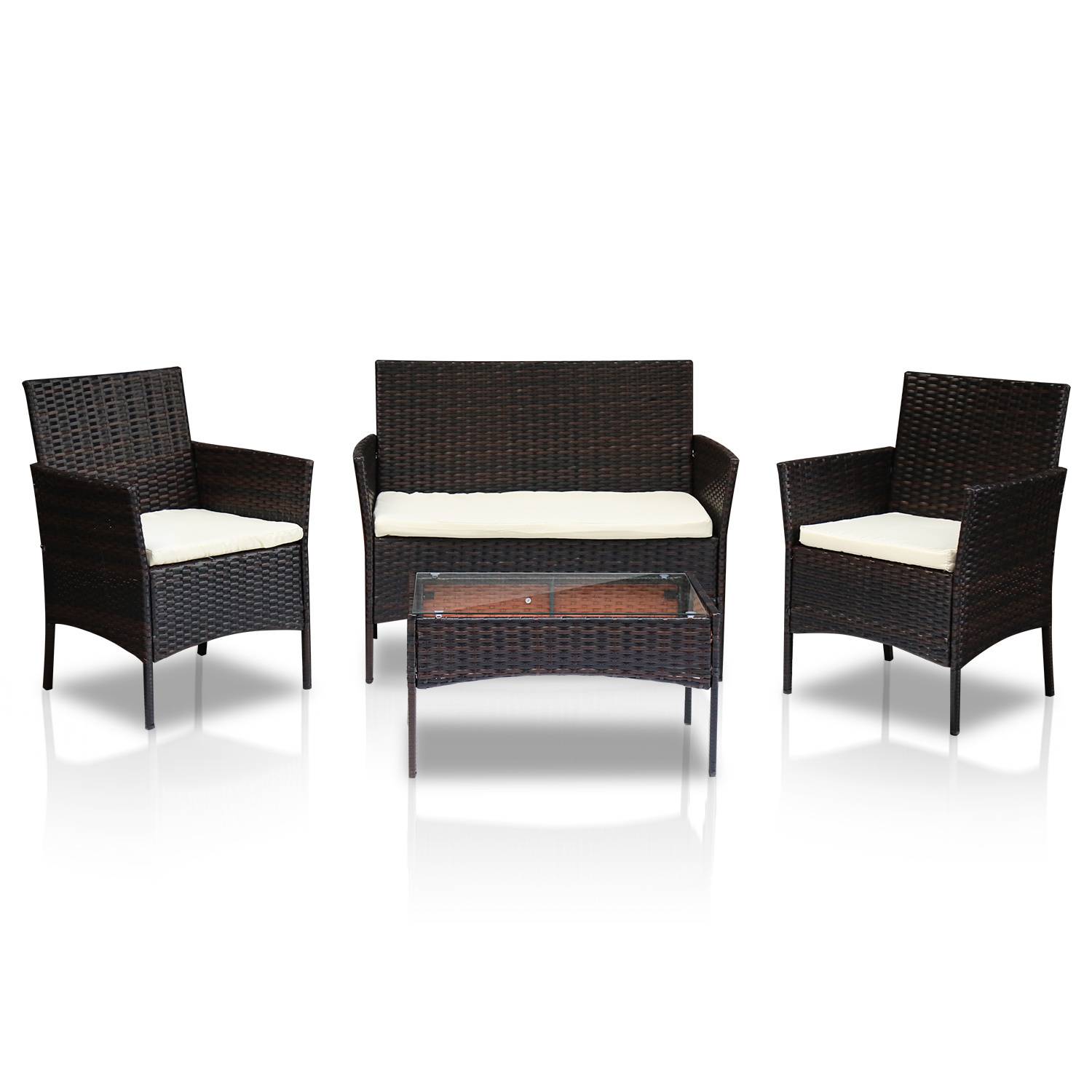 Polyrattan Lounge Set 4-teilig Schwarz mit 2 Sesseln, 2-Sitzer Sofa, Glastisch und dicken Kissen