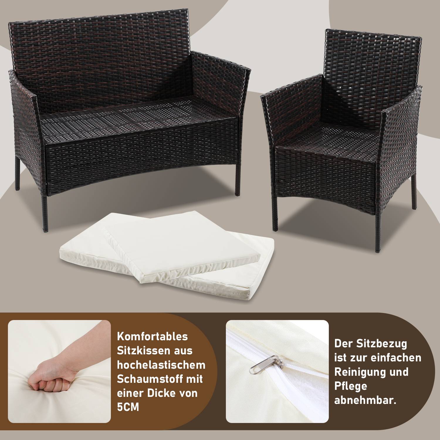 Outdoor-Rattanliebessitz und Sessel mit weißen Sitzkissen; Detailfotos zeigen 5 cm Schaumstoffkissen und abnehmbaren, waschbaren Bezug mit Reißverschluss.