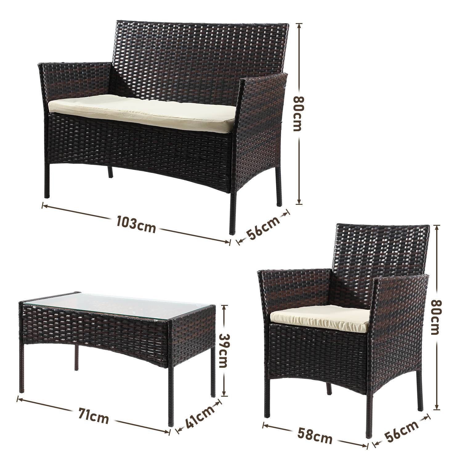 Produktbild mit drei geflochtenen Rattan-Möbeln für den Außenbereich: eine 2er-Sitzbank, ein Sessel und ein Couchtisch, jeweils mit Maßen in Zentimetern gekennzeichnet.