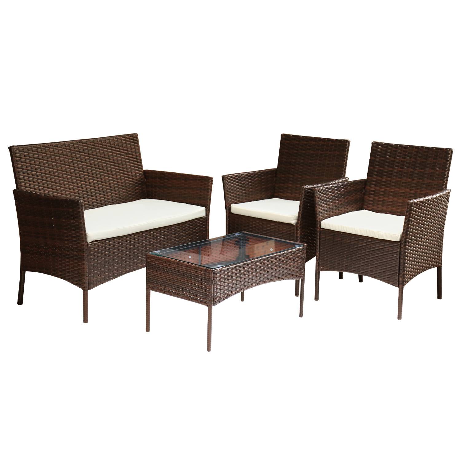 Polyrattan Gartenmöbel Set 4-teilig Braun mit Sofa, 2 Sesseln, Glastisch und waschbaren Kissenbezügen