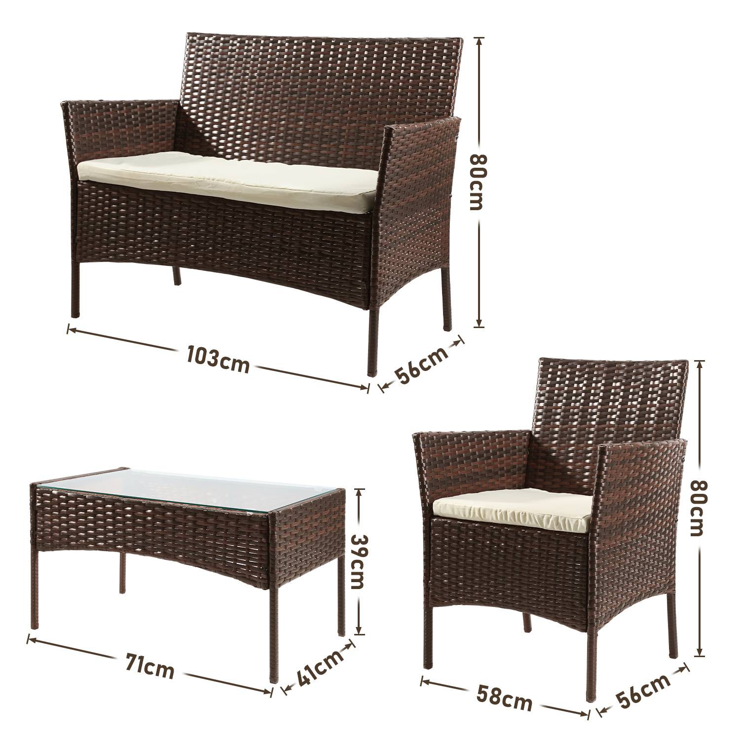 Polyrattan Gartenmöbel Set 4-teilig Braun mit Sofa, 2 Sesseln, Glastisch und waschbaren Kissenbezügen