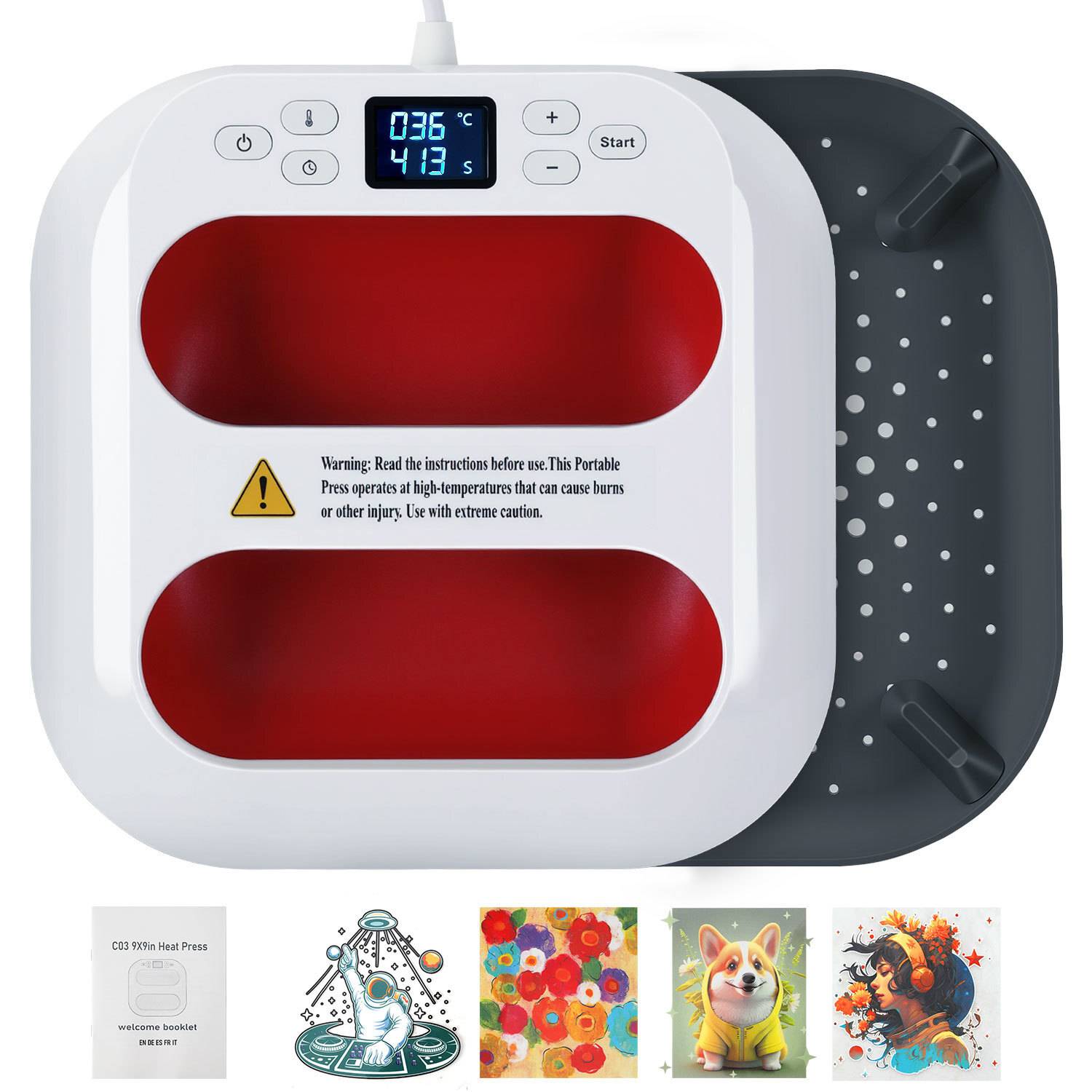 Tragbare Heizpresse Transferpresse 1000W, 22,5 x 22,5 cm, Mini T-Shirt Presse für T-Shirts, Stoff, Taschen und DIY - Rot-Weiß