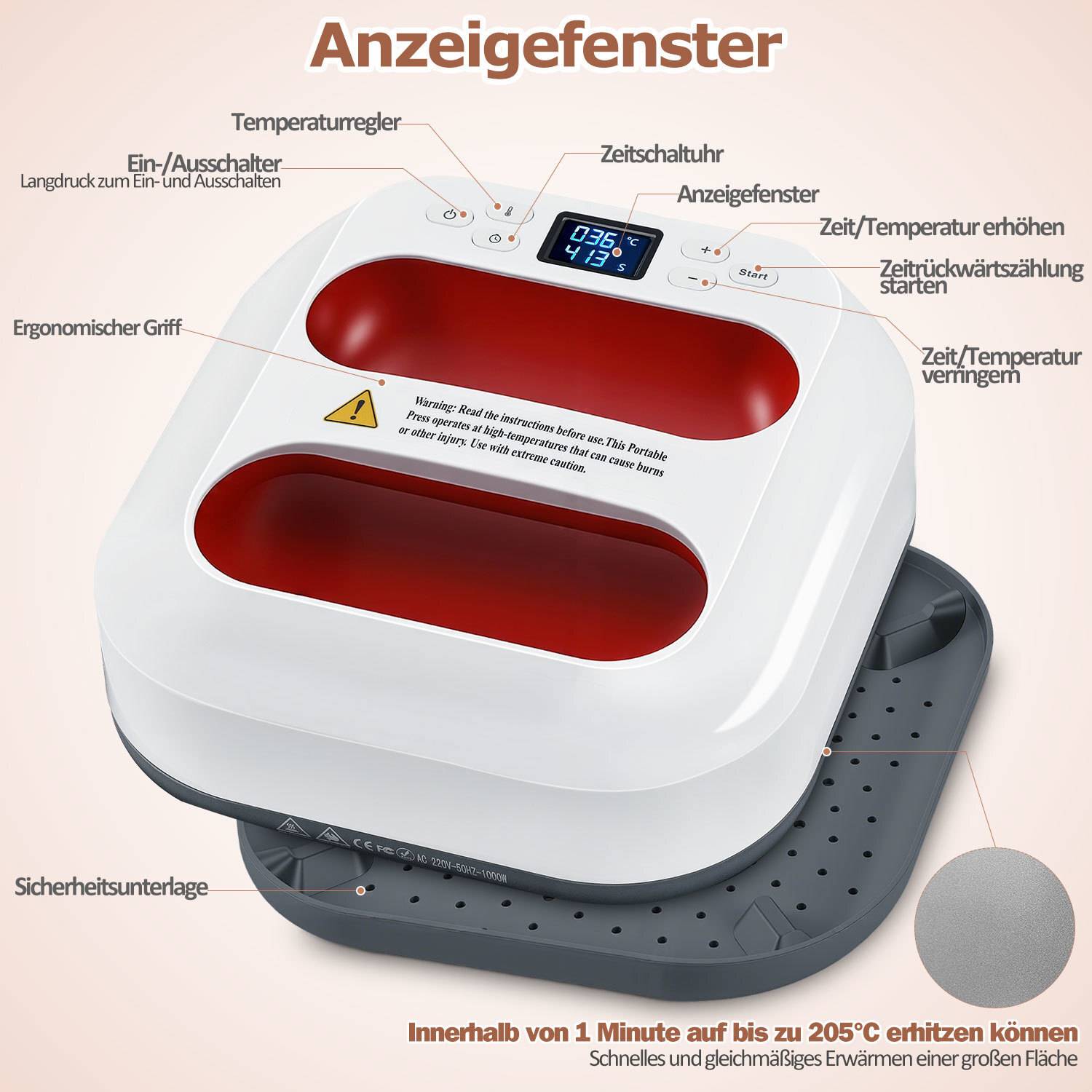 Tragbare Heizpresse Transferpresse 1000W, 22,5 x 22,5 cm, Mini T-Shirt Presse für T-Shirts, Stoff, Taschen und DIY - Rot-Weiß