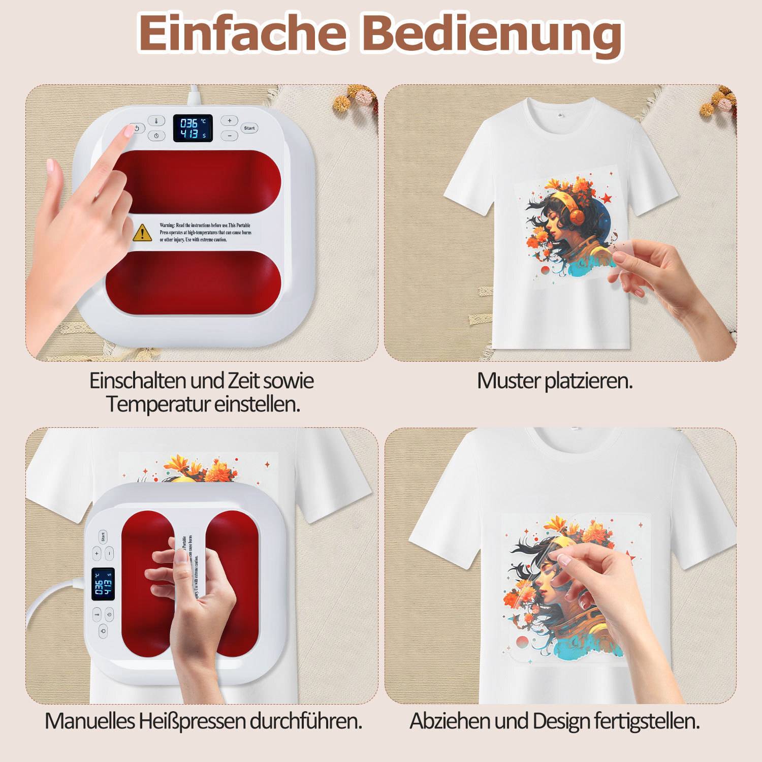 Tragbare Heizpresse Transferpresse 1000W, 22,5 x 22,5 cm, Mini T-Shirt Presse für T-Shirts, Stoff, Taschen und DIY - Rot-Weiß