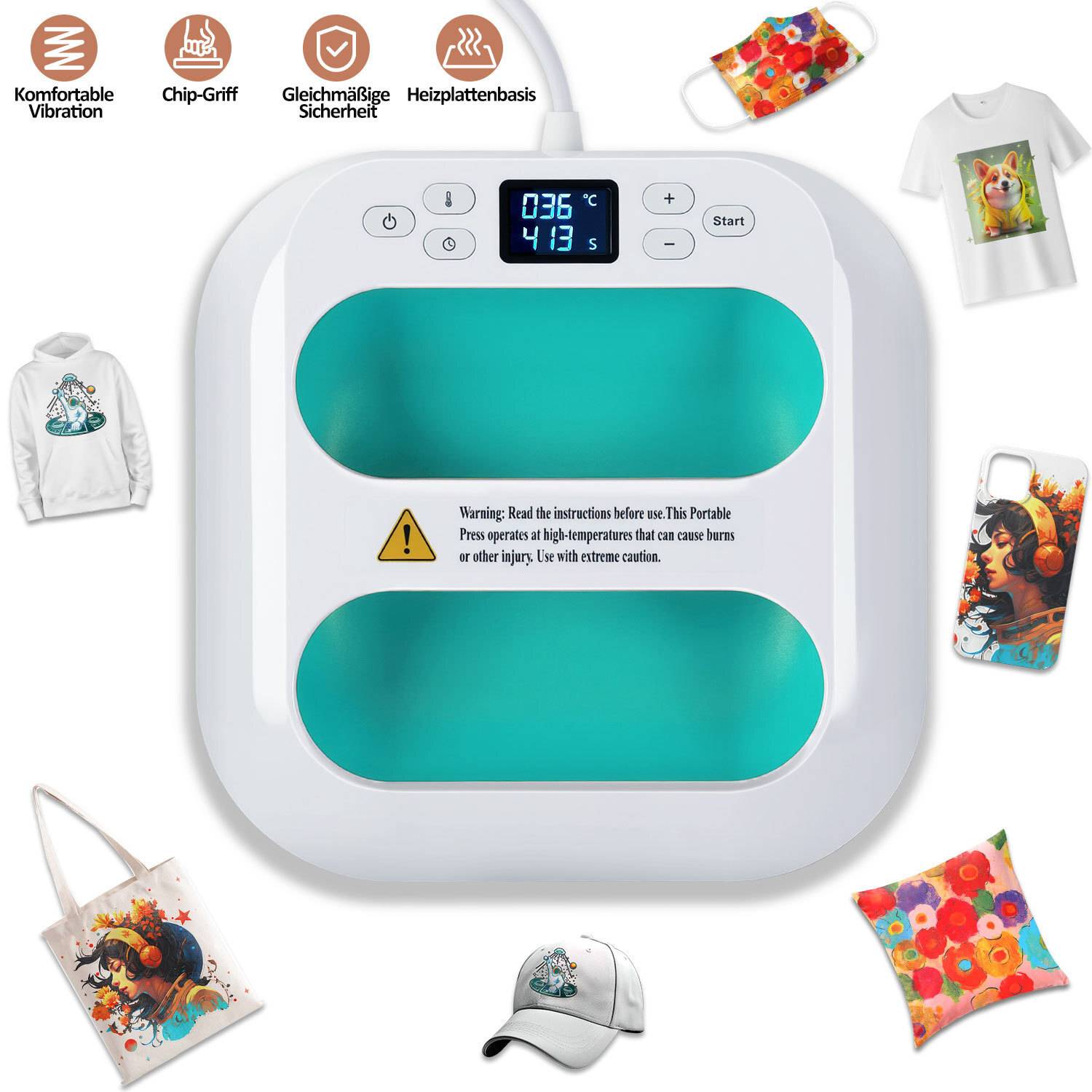 Tragbare Heizpresse Transferpresse 1000W, 22,5 x 22,5 cm, Mini T-Shirt Presse für T-Shirts, Stoff, Taschen und DIY - Grün
