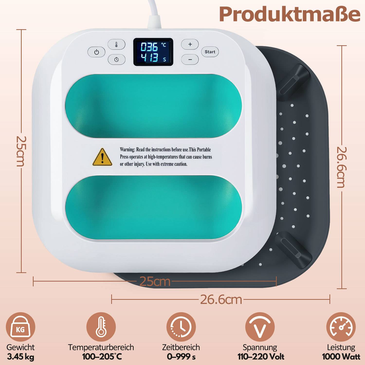 Tragbare Heizpresse Transferpresse 1000W, 22,5 x 22,5 cm, Mini T-Shirt Presse für T-Shirts, Stoff, Taschen und DIY - Grün