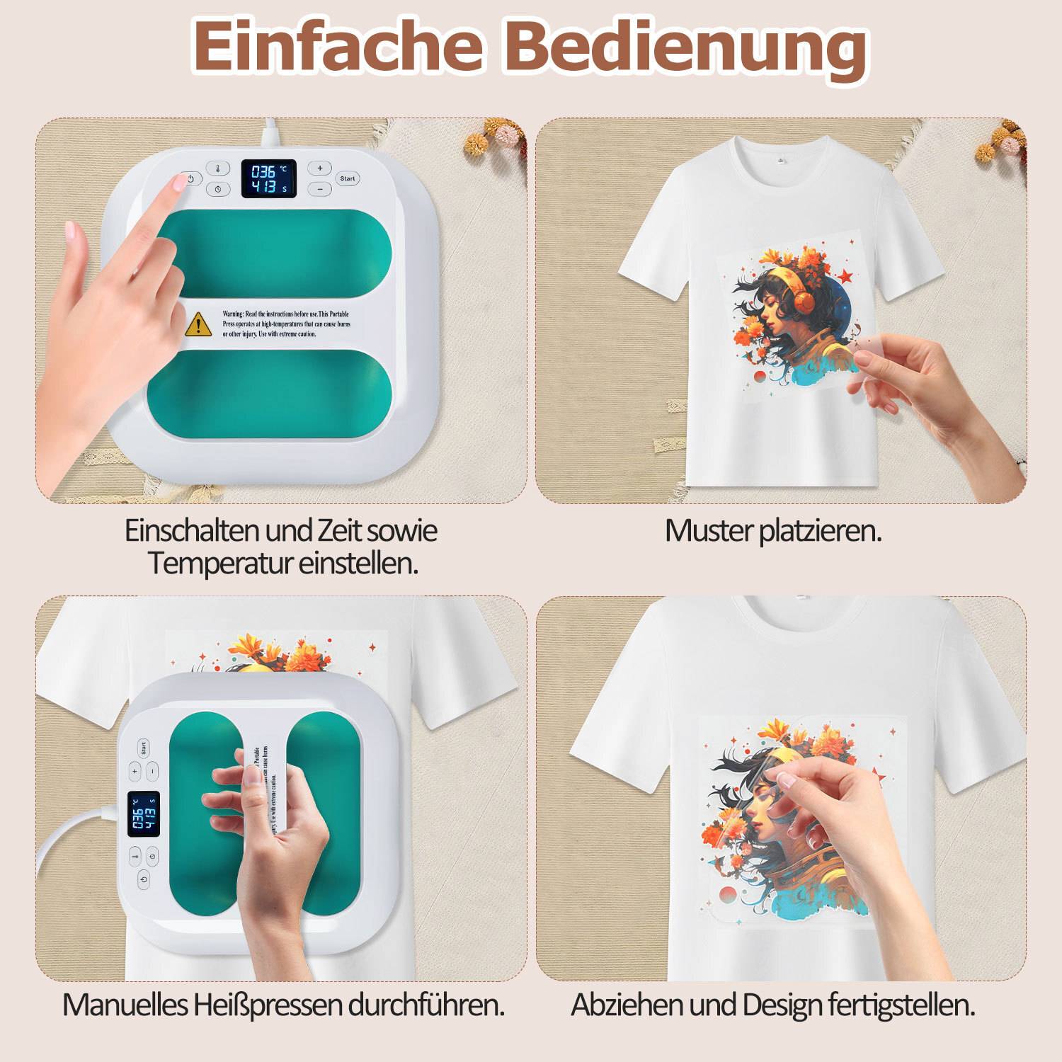 Tragbare Heizpresse Transferpresse 1000W, 22,5 x 22,5 cm, Mini T-Shirt Presse für T-Shirts, Stoff, Taschen und DIY - Grün