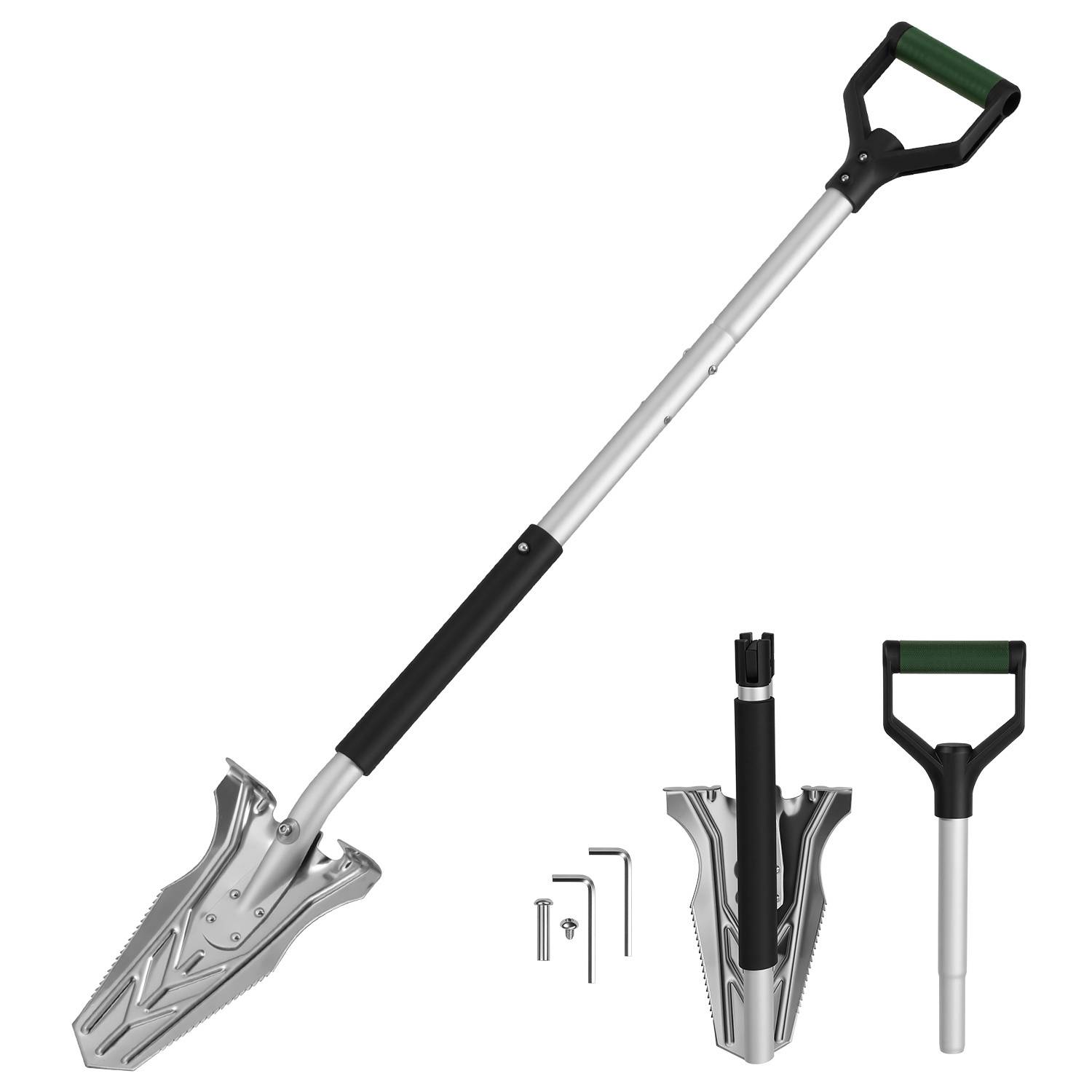 3 Stück Schwarzer Klappspaten 119 cm, 2 in 1 Gartenwerkzeug aus Eisen und Aluminium für Garten, Hof, Camping und Outdoor