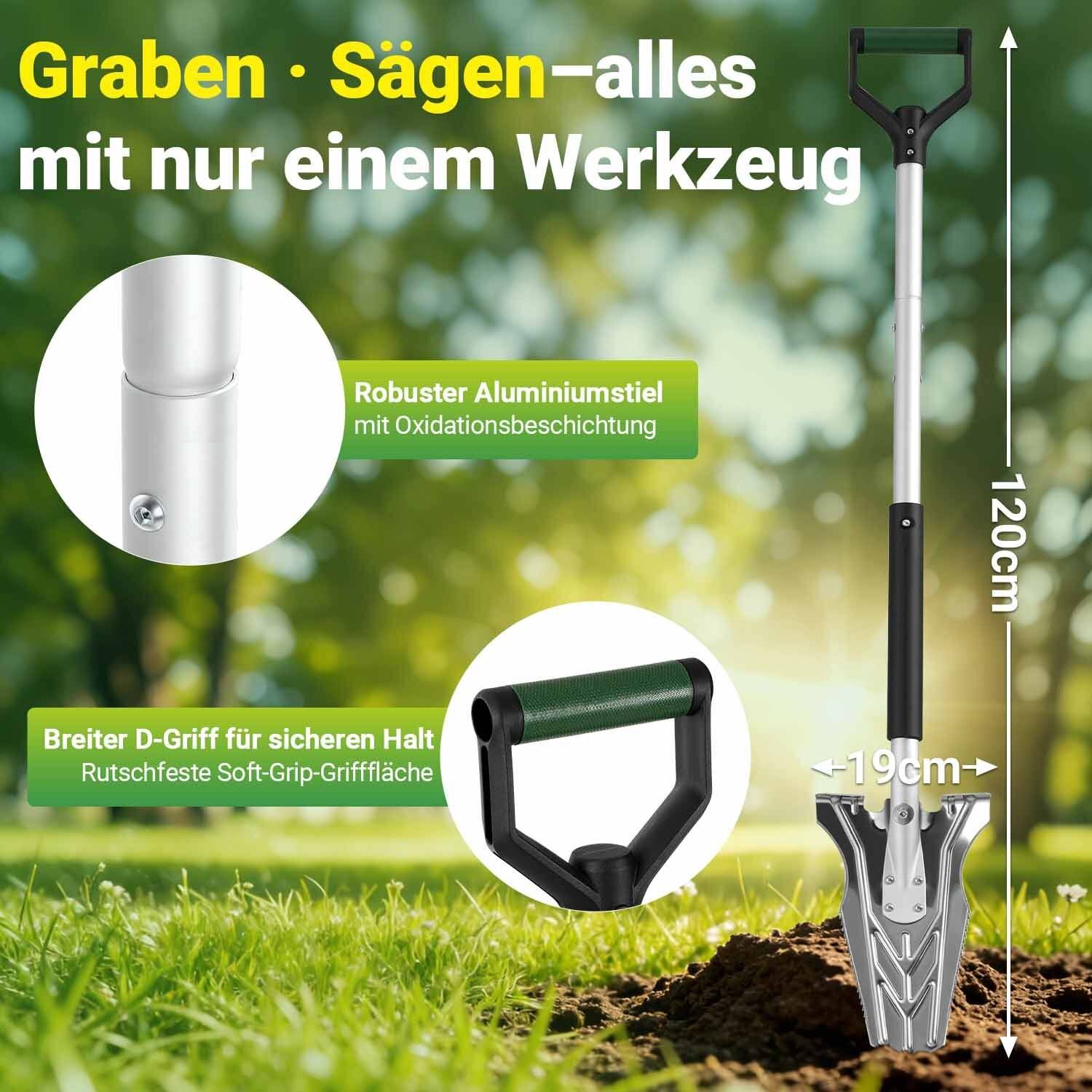 3 Stück Schwarzer Klappspaten 119 cm, 2 in 1 Gartenwerkzeug aus Eisen und Aluminium für Garten, Hof, Camping und Outdoor