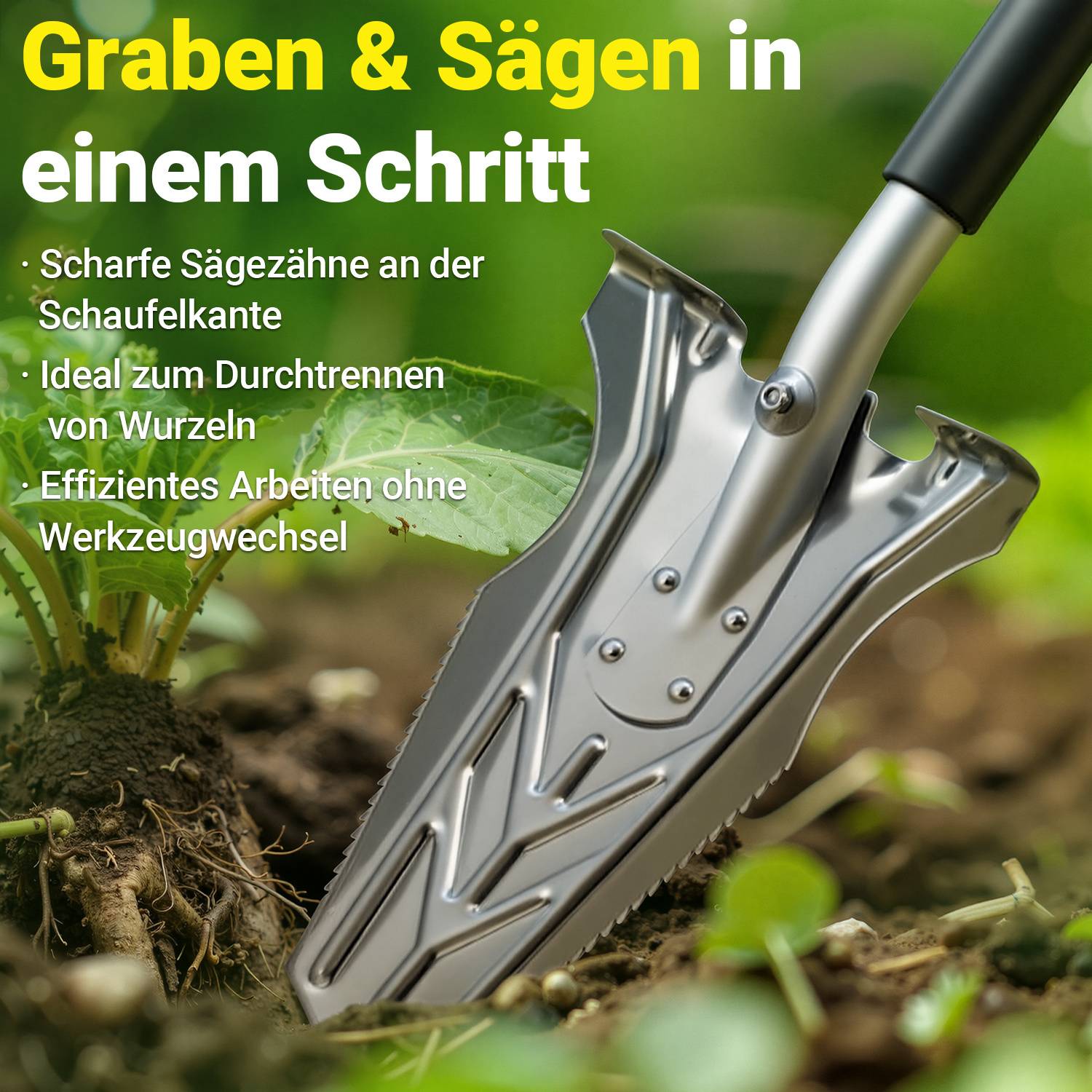 1 Stück Schwarzer Klappspaten 119 cm, 2 in 1 Gartenwerkzeug aus Eisen und Aluminium für Garten, Hof, Camping und Outdoor