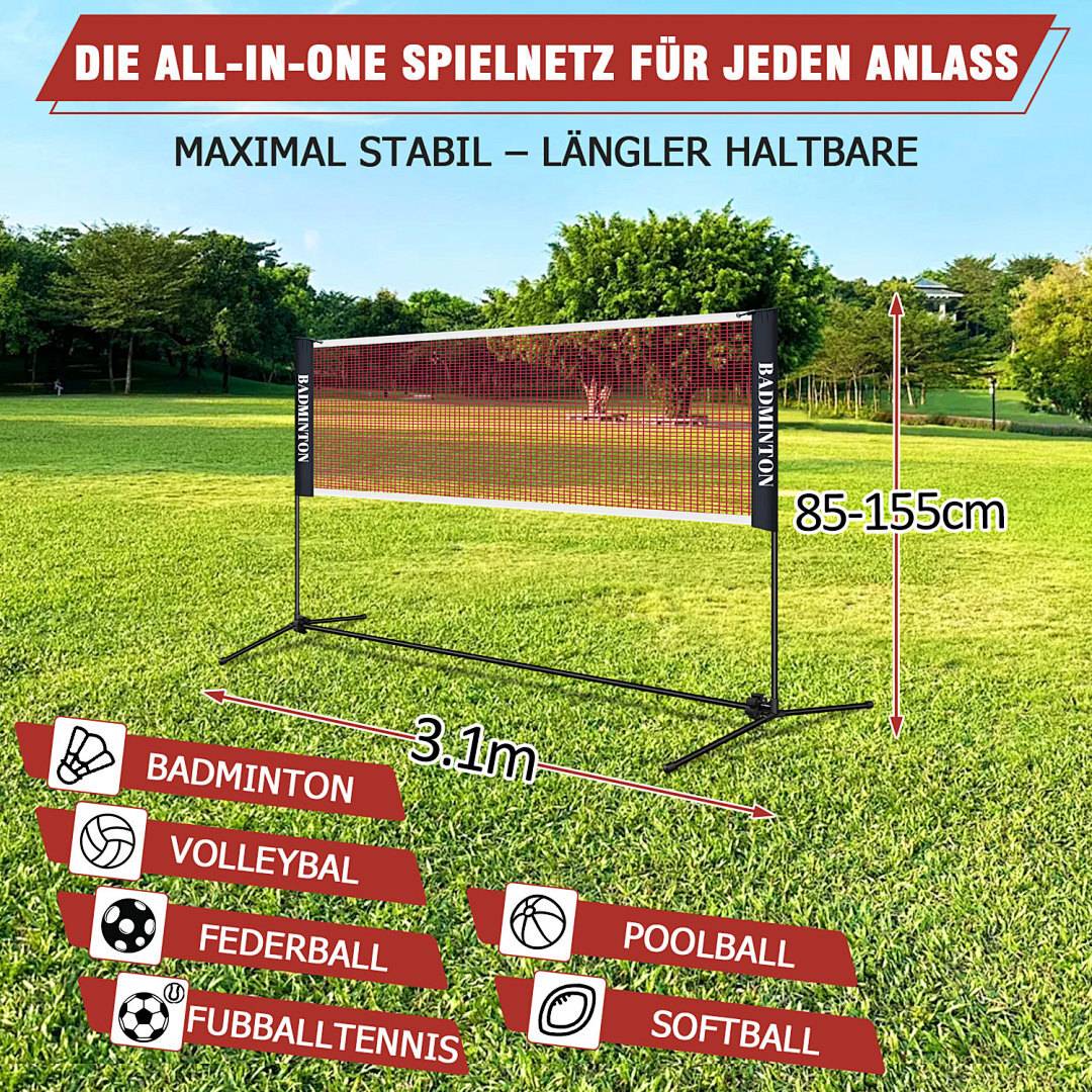 3,1m Tragbares Badmintonnetz, höhenverstellbar 85-155cm, Polypropylen Netz & Verzinktes Gestell, mit Transporttasche für Indoor & Outdoor