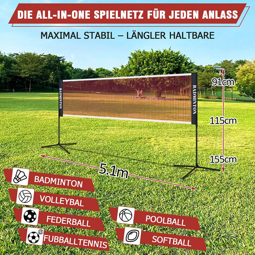 5,1m Badminton- & Tennisnetz, 3-fach höhenverstellbar 91-115-155cm mit Drehschalter, Polypropylen Netz & Verzinktes Gestell