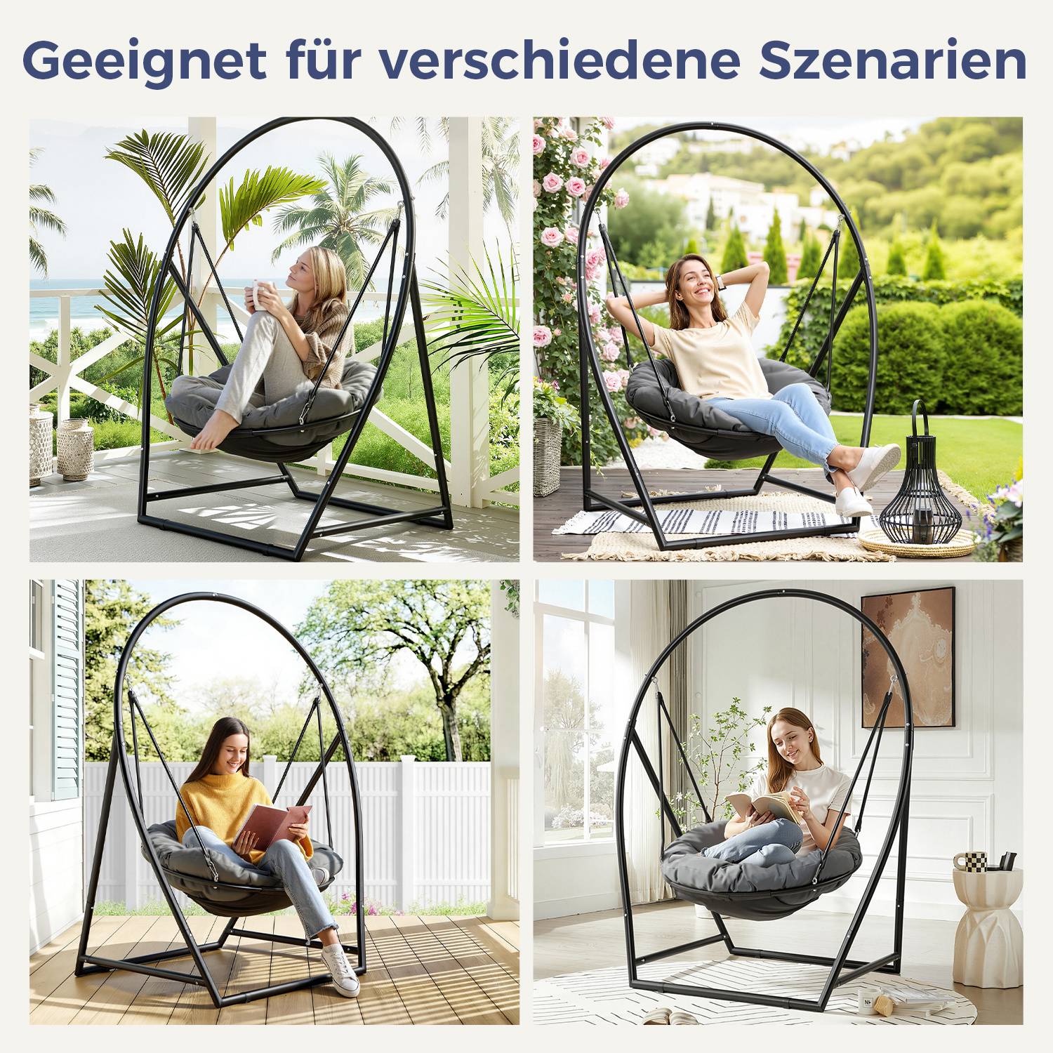 Hängesessel mit Gestell Hängeschaukel Hängestuhl bis 150kg für Indoor und Outdoor + Kissen Hängekorb Stahlgestell & Sitzpolster Schaukel Hängesi