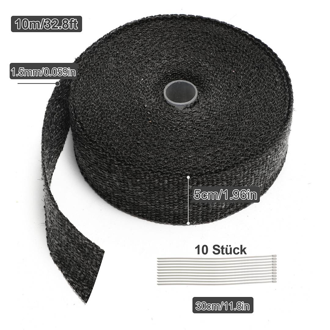 10M Titan Hitzeschutzband Auspuff Band Bis 1400°C Hitzeschutz Heat Wrap Krümmer Krümmer Band Krümmer Schwarz