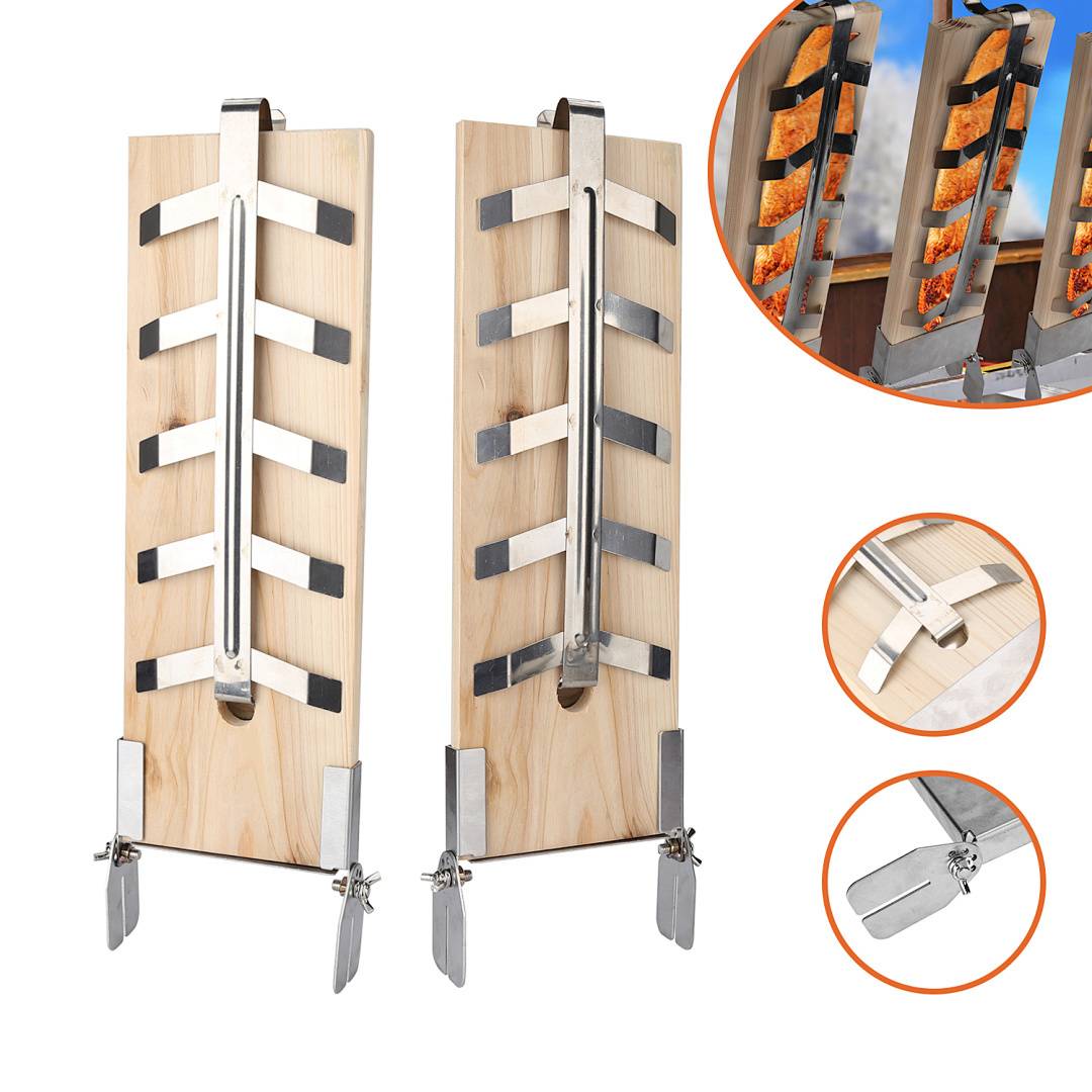 Flammlachsbrett Räucherbrett 2er Set Flammlachsbretter Flammlachs Halterung Zedernholz Edelstahl Holzplatten
