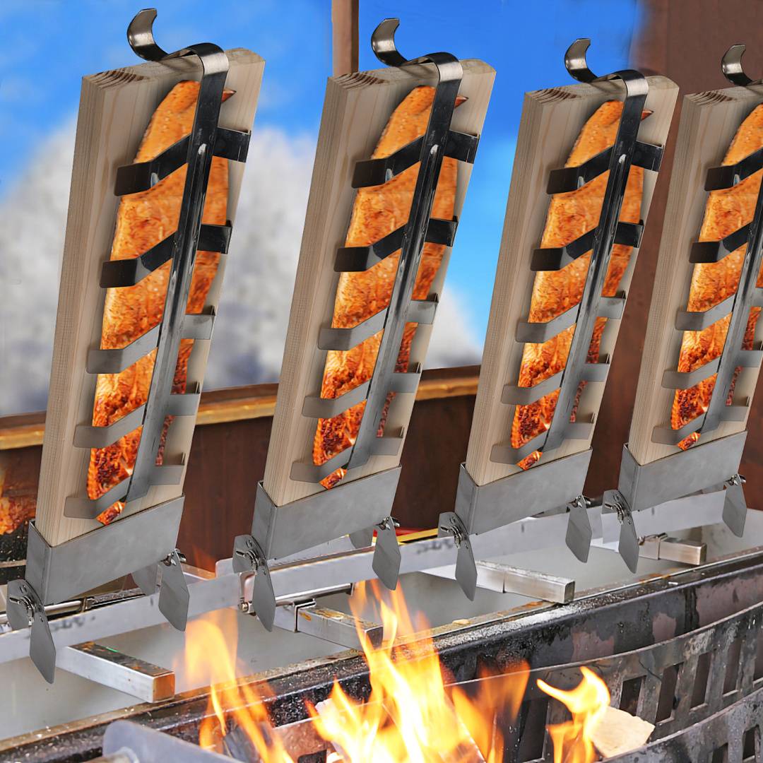 Flammlachsbrett Flammlachsbretter Räucherbrett 4er Set Flammlachs Halterung Zedernholz Edelstahl Holzplatten mit Halterung
