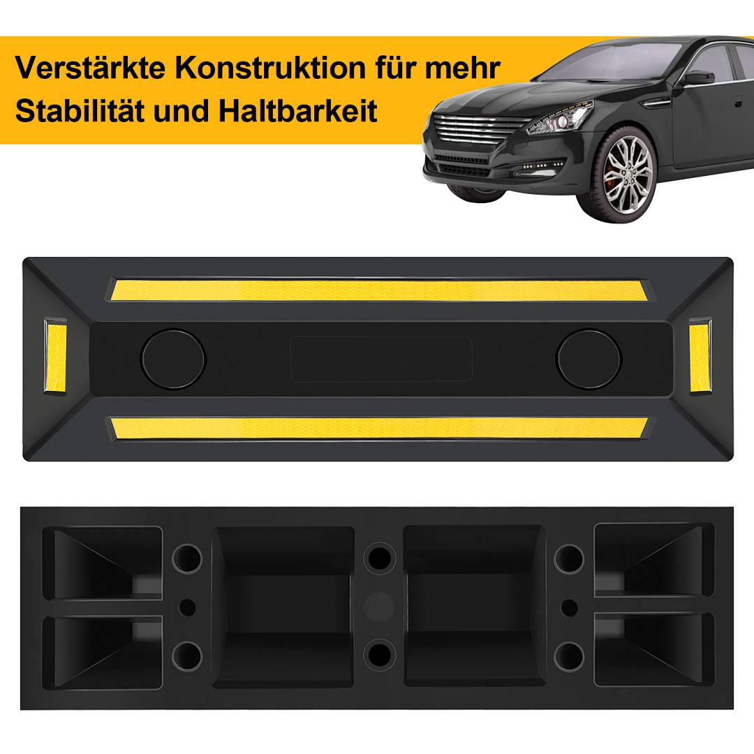 Wagenheber-Unterlegplatte mit verstärkter Konstruktion für Stabilität und Dauerhaftigkeit, gezeigt mit einem Wagen und Befestigungsnuten an der Unterseite.