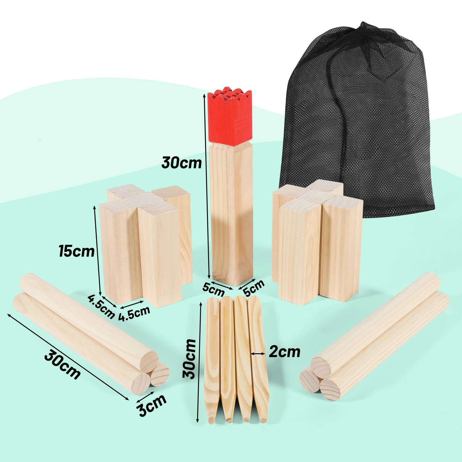 Kubb Spiel mit Laser Gravur - Kiefernholz mit Branding, Wikingerspiel inkl. Anleitung und Aufbewahrungstasche - Schwedenschach Rasenschach