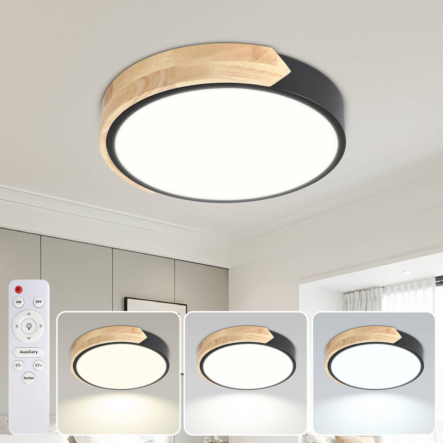 LED Deckenleuchte Holz 30cm, 48W Dimmbar Deckenlampe mit Fernbedienung, Rund Wohnzimmerlampe Schwarz, 3000-6000K