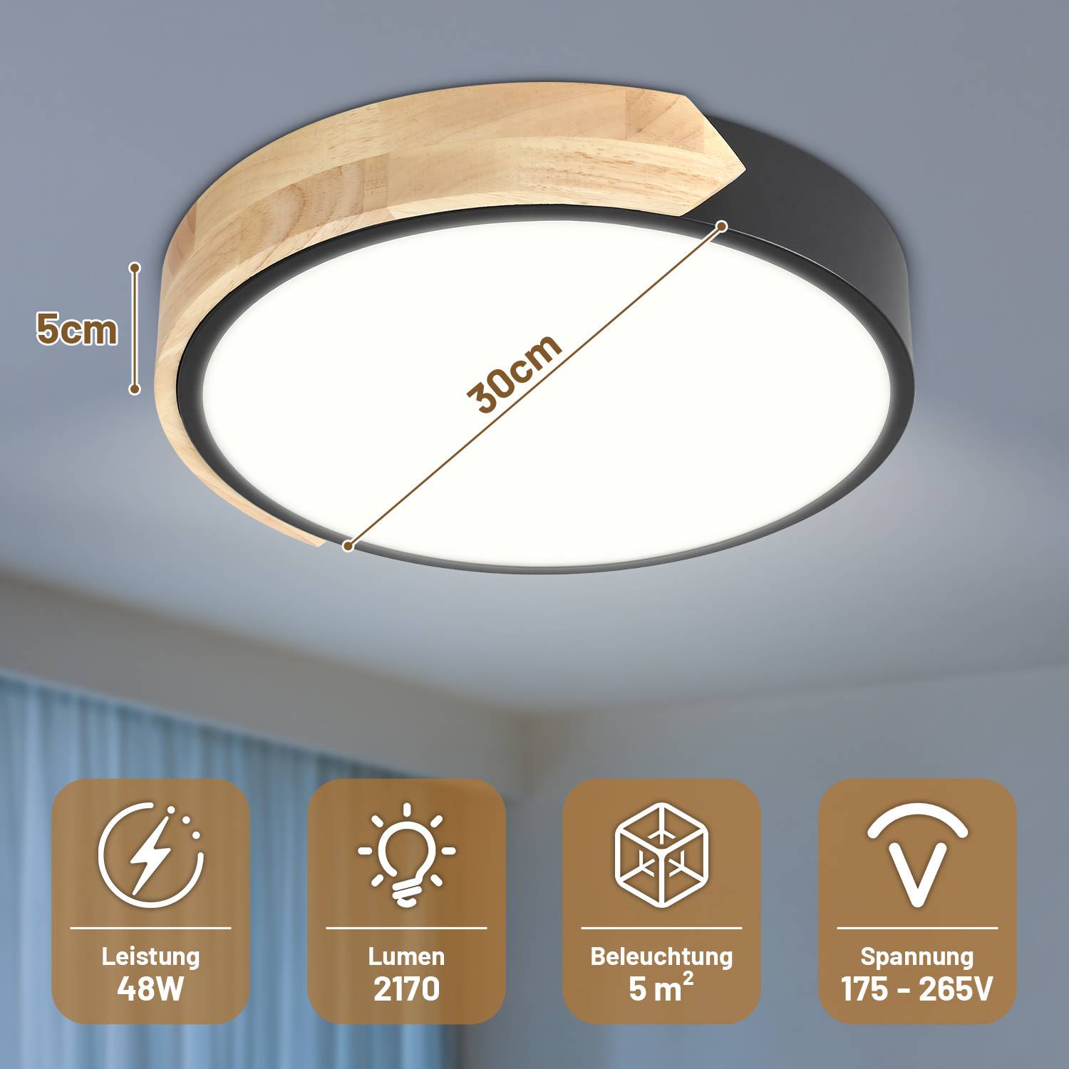 LED Deckenleuchte Holz 30cm, 48W Dimmbar Deckenlampe mit Fernbedienung, Rund Wohnzimmerlampe Schwarz, 3000-6000K